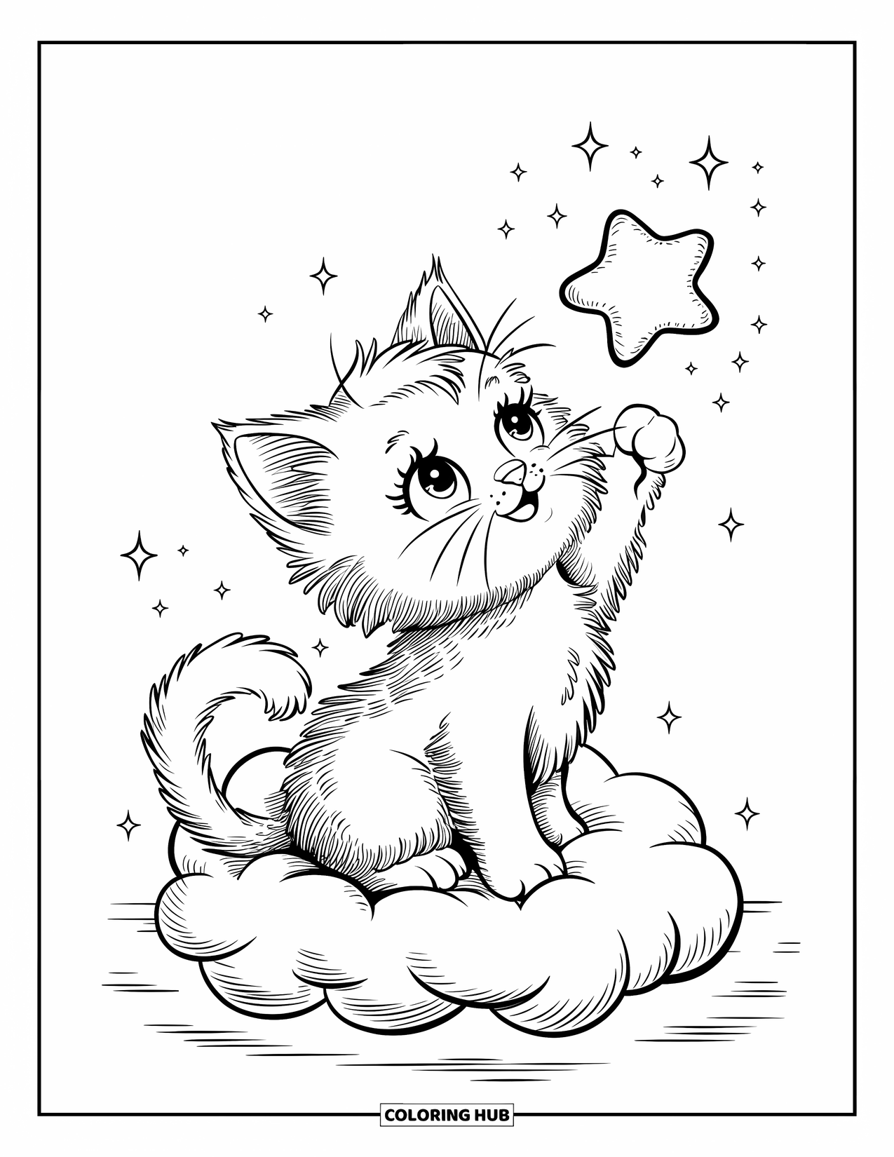 Desen de colorat cu stele pentru adulți: Un pisoi pufos stă pe un nor, întinzându-se să prindă o stea plutitoare