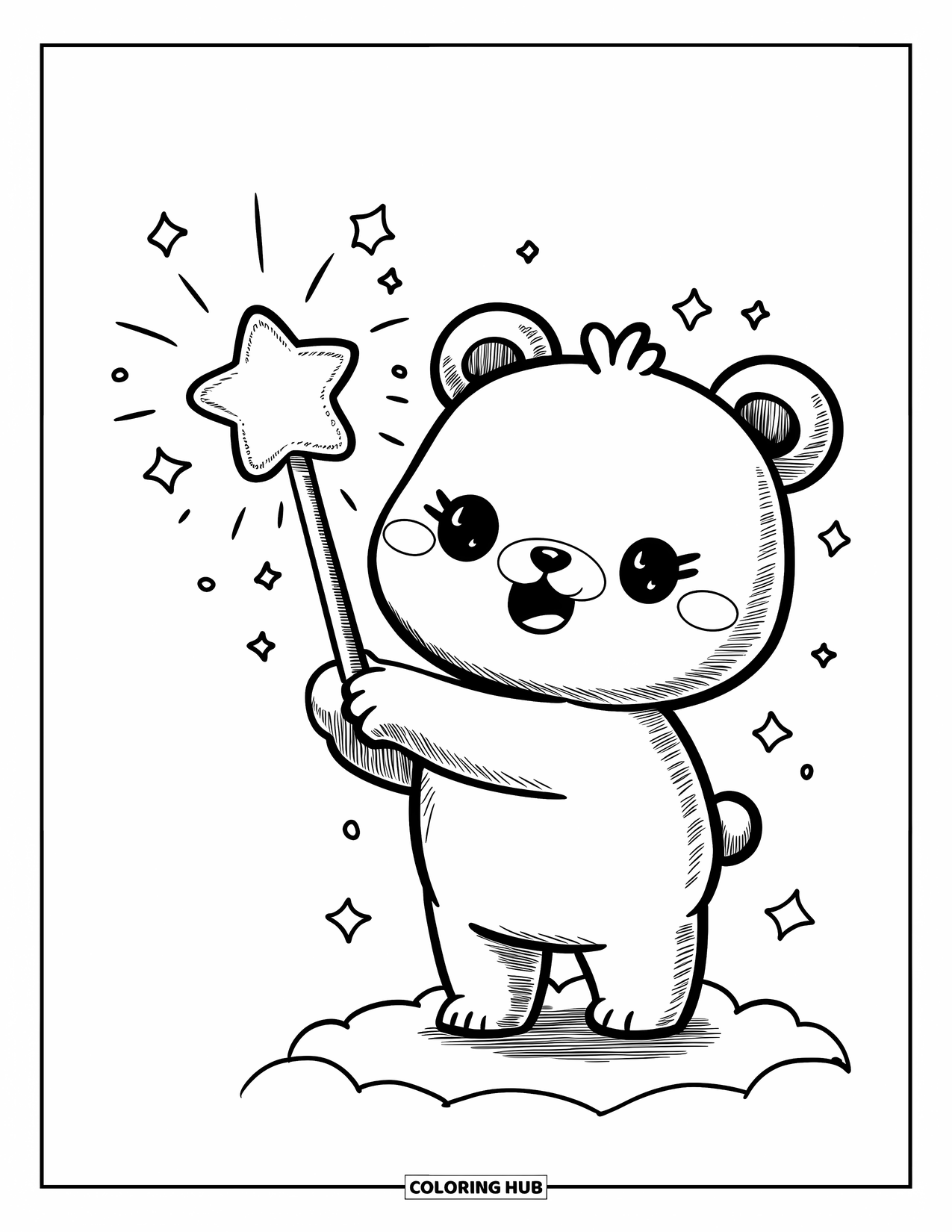 Desen de colorat cu stele pentru adulți: Un ursuleț fericit învârte o baghetă stelară strălucitoare, umplând cerul cu sclipici