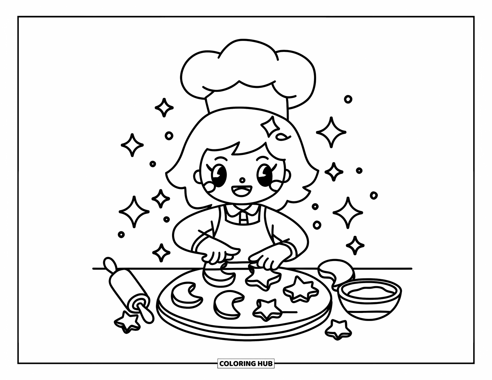 Desen de colorat cu stele pentru adulți: Un bucătar stea kawaii coace prăjituri cerești în formă de luni și stele