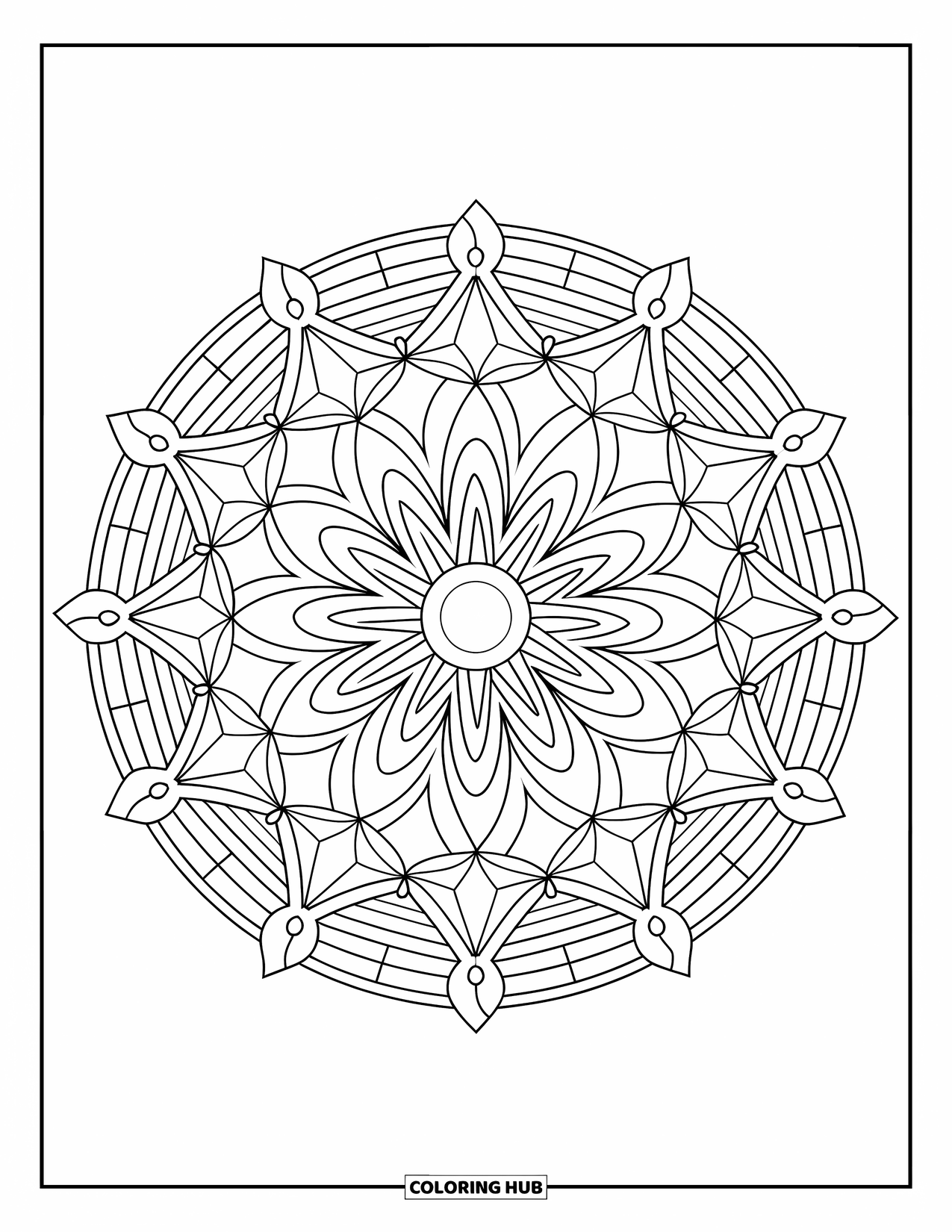 Desen de colorat cu stele pentru adulți: O mandala de stele cerești și forme geometrice care formează un model circular fascinant