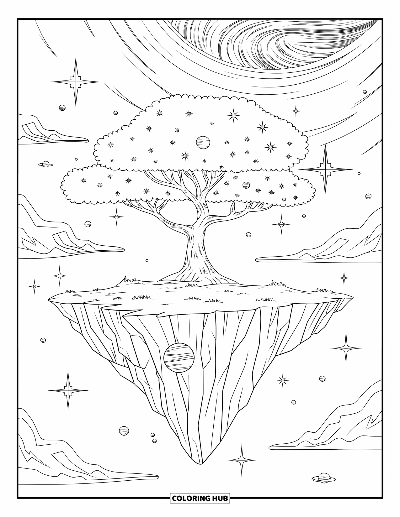 Desen de colorat cu stele pentru adulți: O insulă mistică plutitoare cu un copac ramificat care se întinde spre o galaxie vârtej