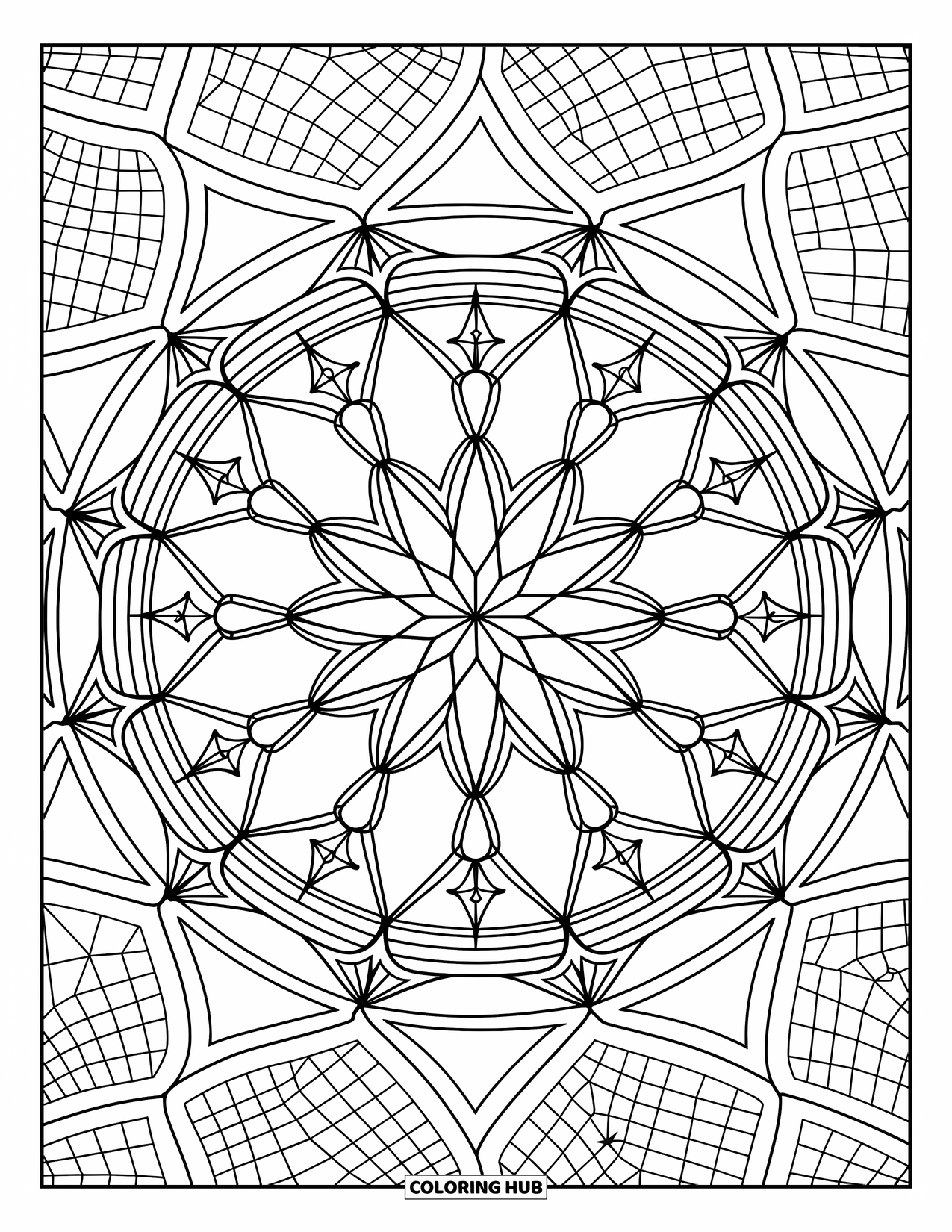 Desen de colorat cu stele pentru adulți: O mandala simetrică care amestecă stele, vârtejuri cosmice și precizie geometrică într-un design radiant