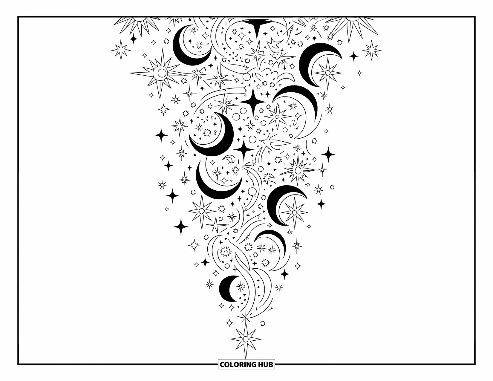 Desen de colorat cu stele pentru adulți: Un aranjament vertical de stele, luni și simboluri mistice țesute într-un design continuu