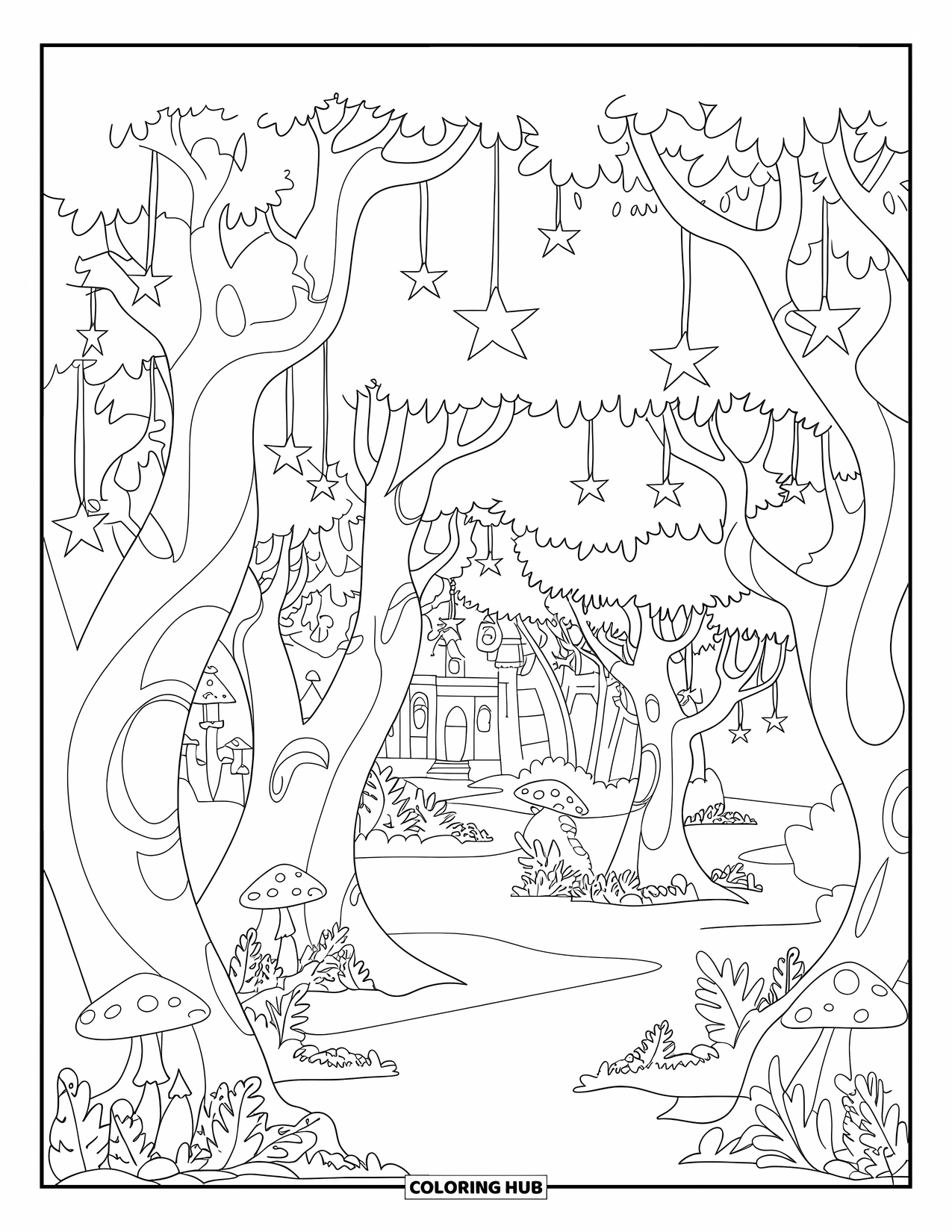 Desen de colorat cu stele pentru adulți: O pădure fermecată unde copacii au stele mici atârnate ca niște lanterne strălucitoare