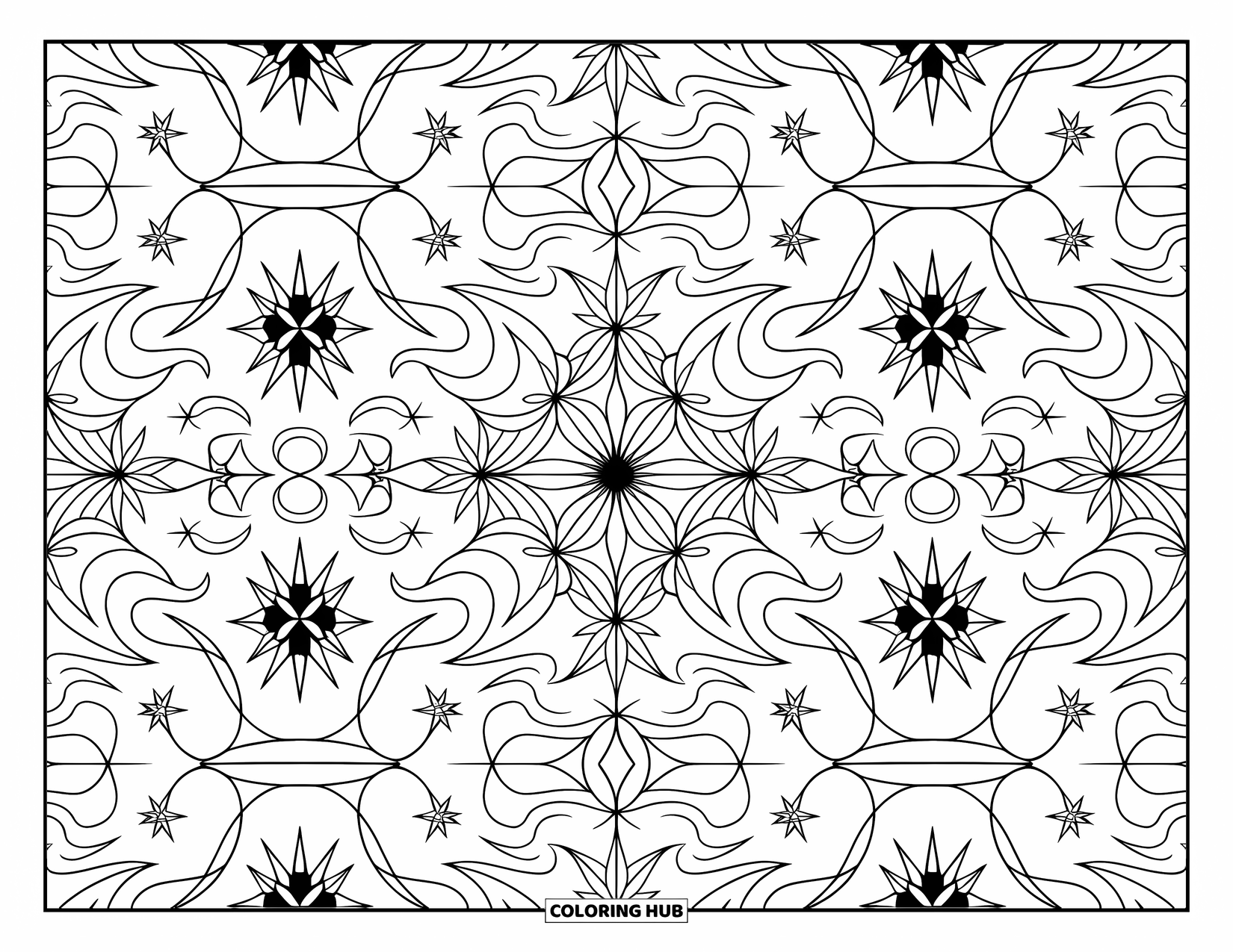 Desen de colorat cu stele pentru adulți: Un model ceresc complex care amestecă stele, luni și elemente florale într-un design simetric