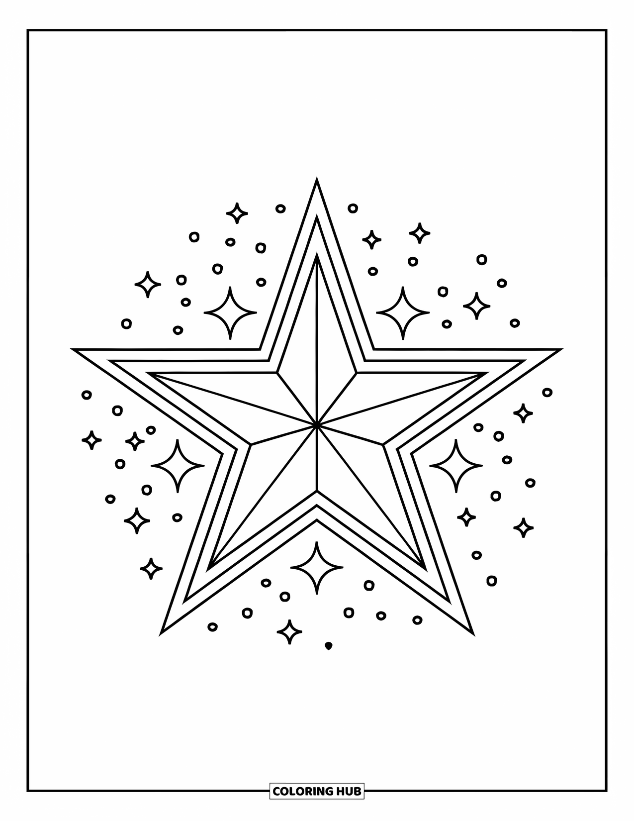 Desen de colorat cu stele pentru copii: O stea mare și îndrăzneață strălucește cu sclipici mici în jurul ei