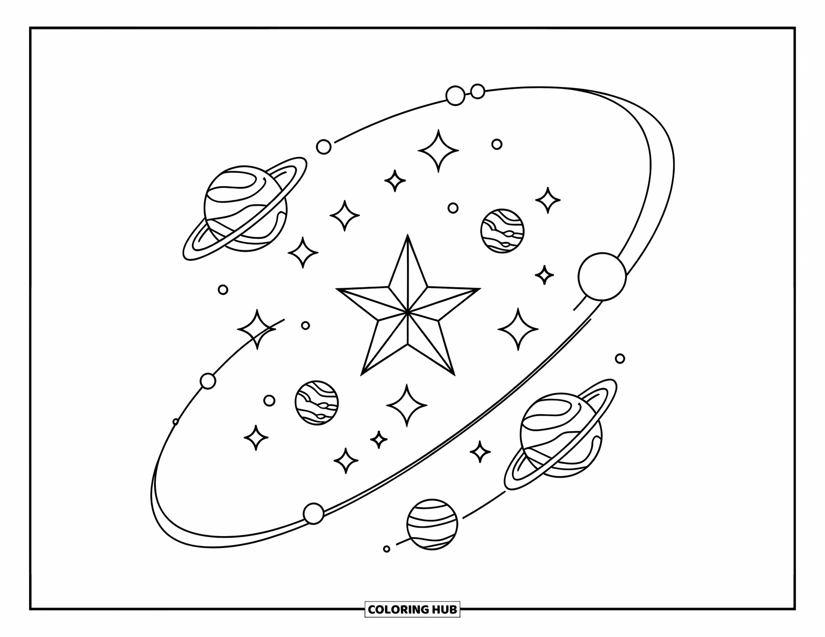 Desen de colorat cu stele pentru copii: O stea mare stă în centru, cu stele mici orbitând-o ca planete