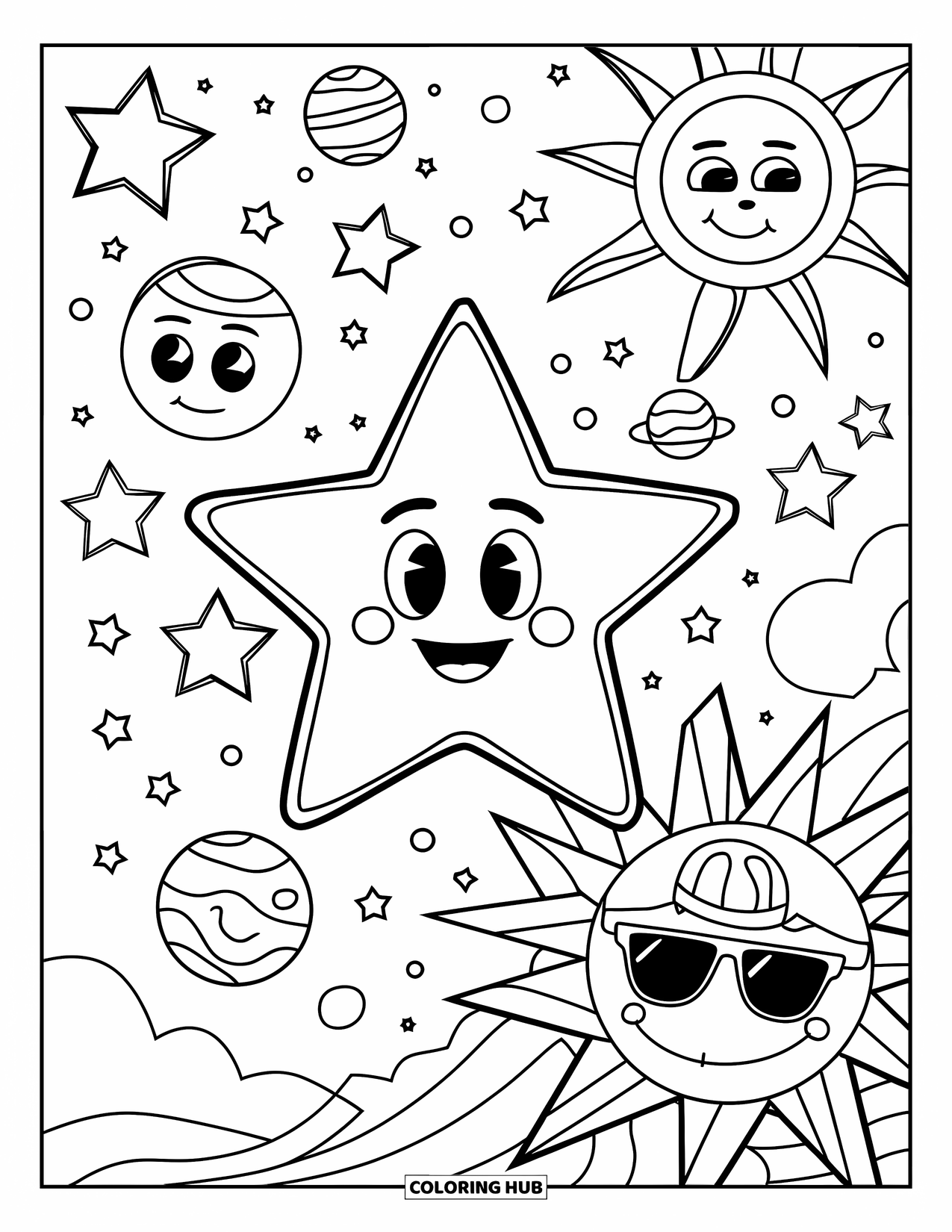 Desen de colorat cu stele pentru copii: O stea mare cu o pălărie galbenă, planete și un soare zâmbitor cu ochelari de soare