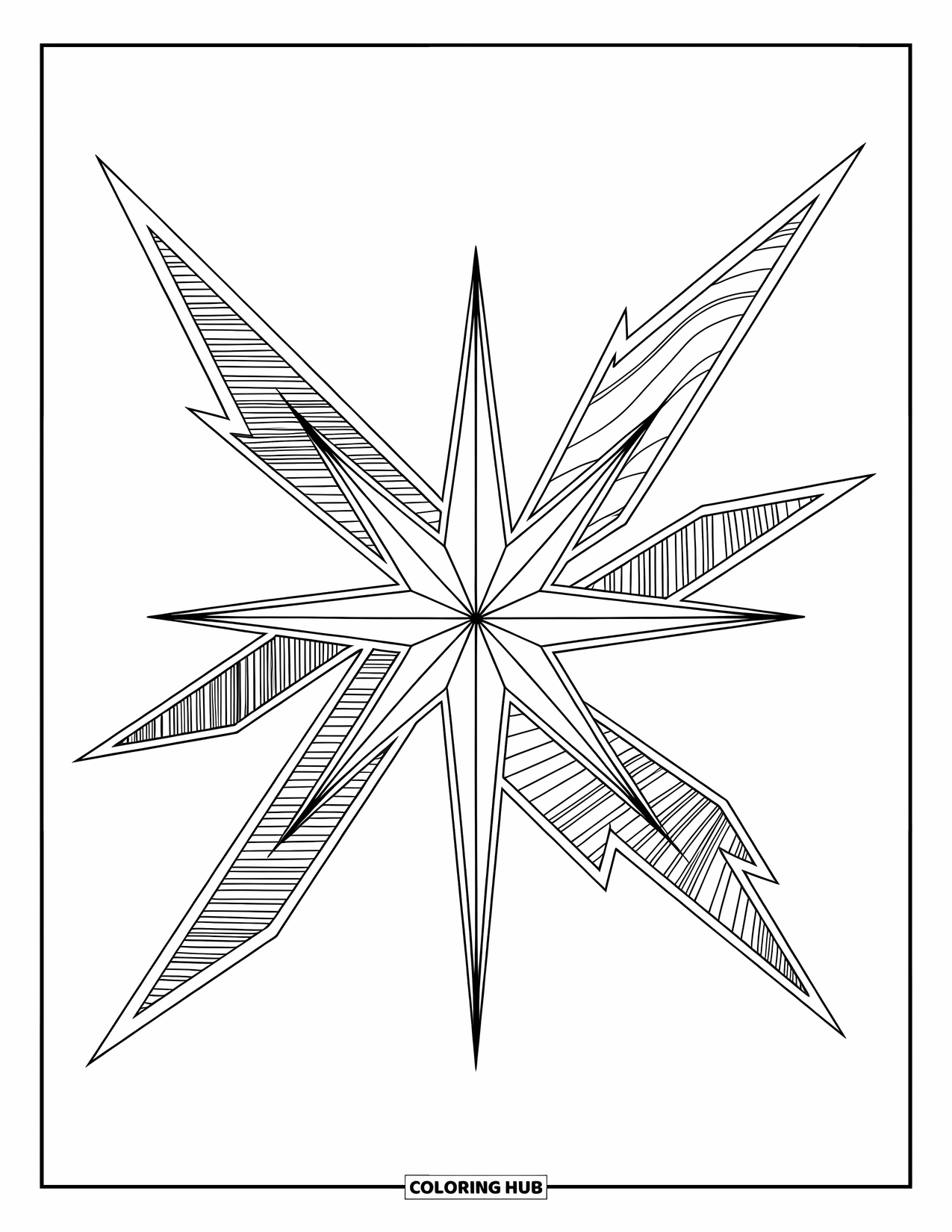 Desen de colorat cu stele pentru copii: O stea îndrăzneață cu raze ascuțite, angulare, fiecare având modele abstracte unice