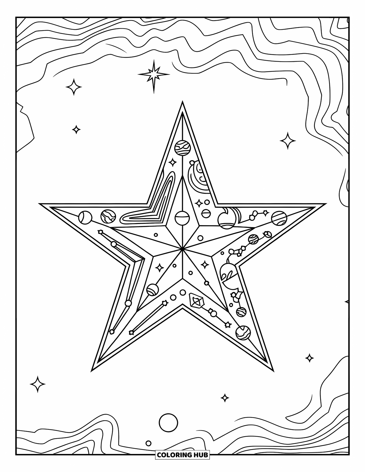 Desen de colorat cu stele pentru copii: O stea cu tematică cerească, cu modele complicate de planete și constelații