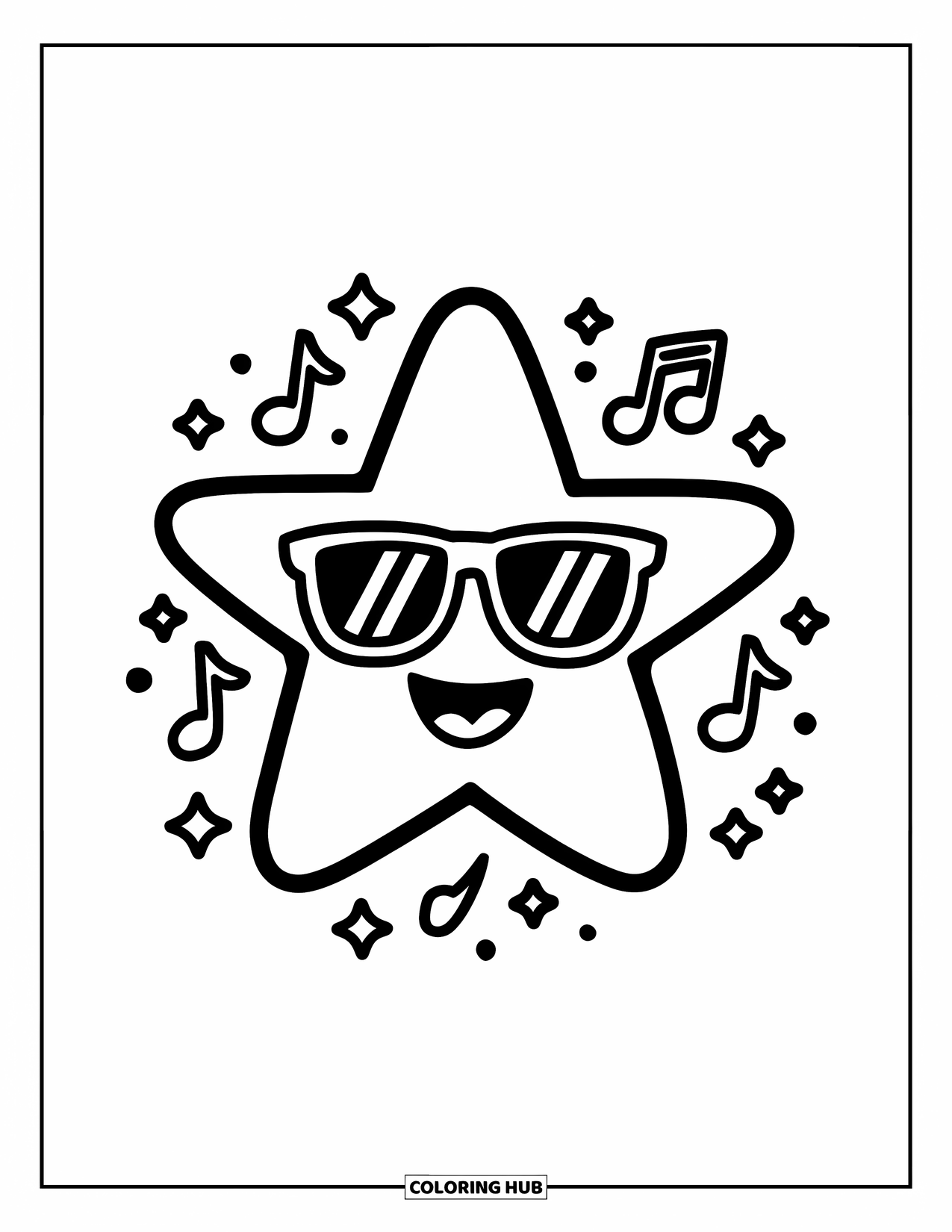 Desen de colorat cu stele pentru copii: O stea veselă cu ochelari de soare, strălucind cu sclipici și vibrații muzicale