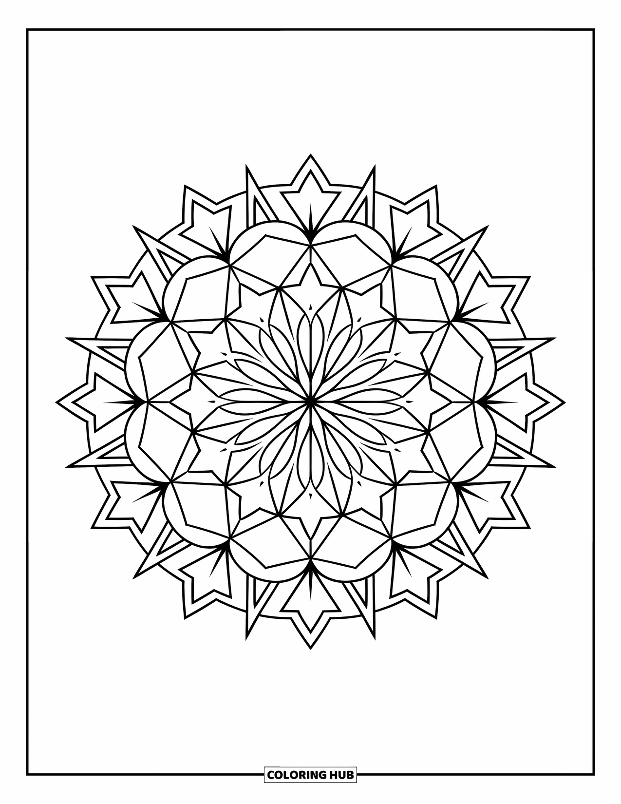Desen de colorat cu stele pentru copii: Un model circular de mandala făcut din aranjamente complicate de stele