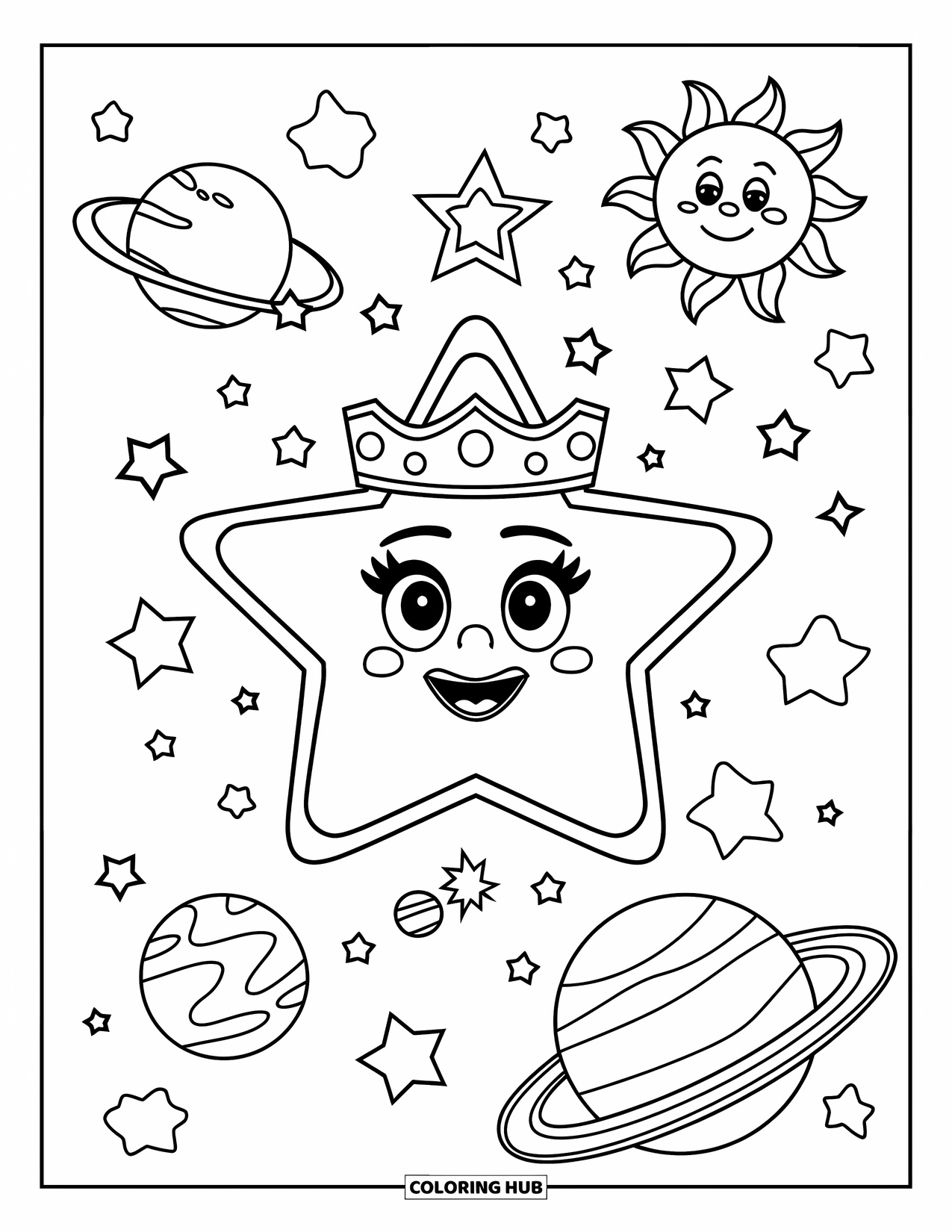 Desen de colorat cu stele pentru copii: O stea încoronată în centru, înconjurată de planete, stele mici și un soare fericit