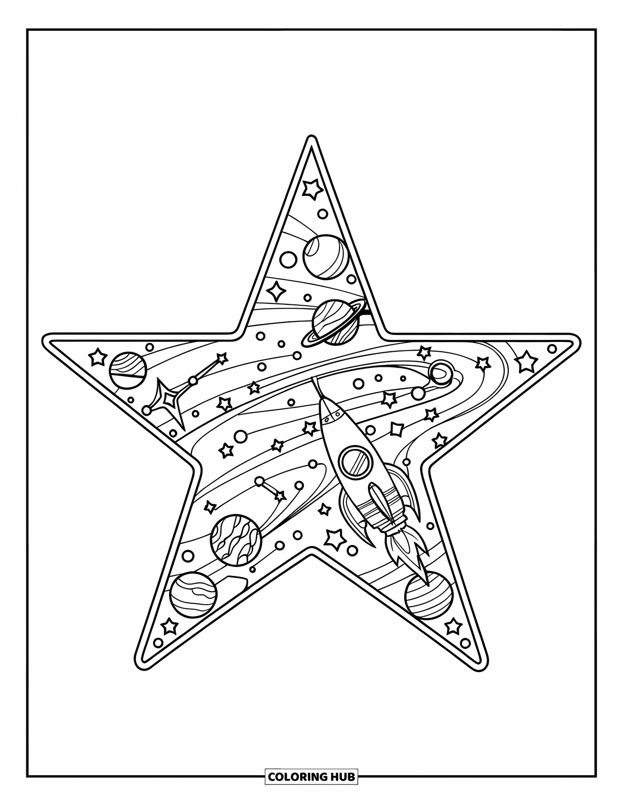 Desen de colorat cu stele pentru copii: O stea detaliată care conține luni, planete, o rachetă și un astronaut