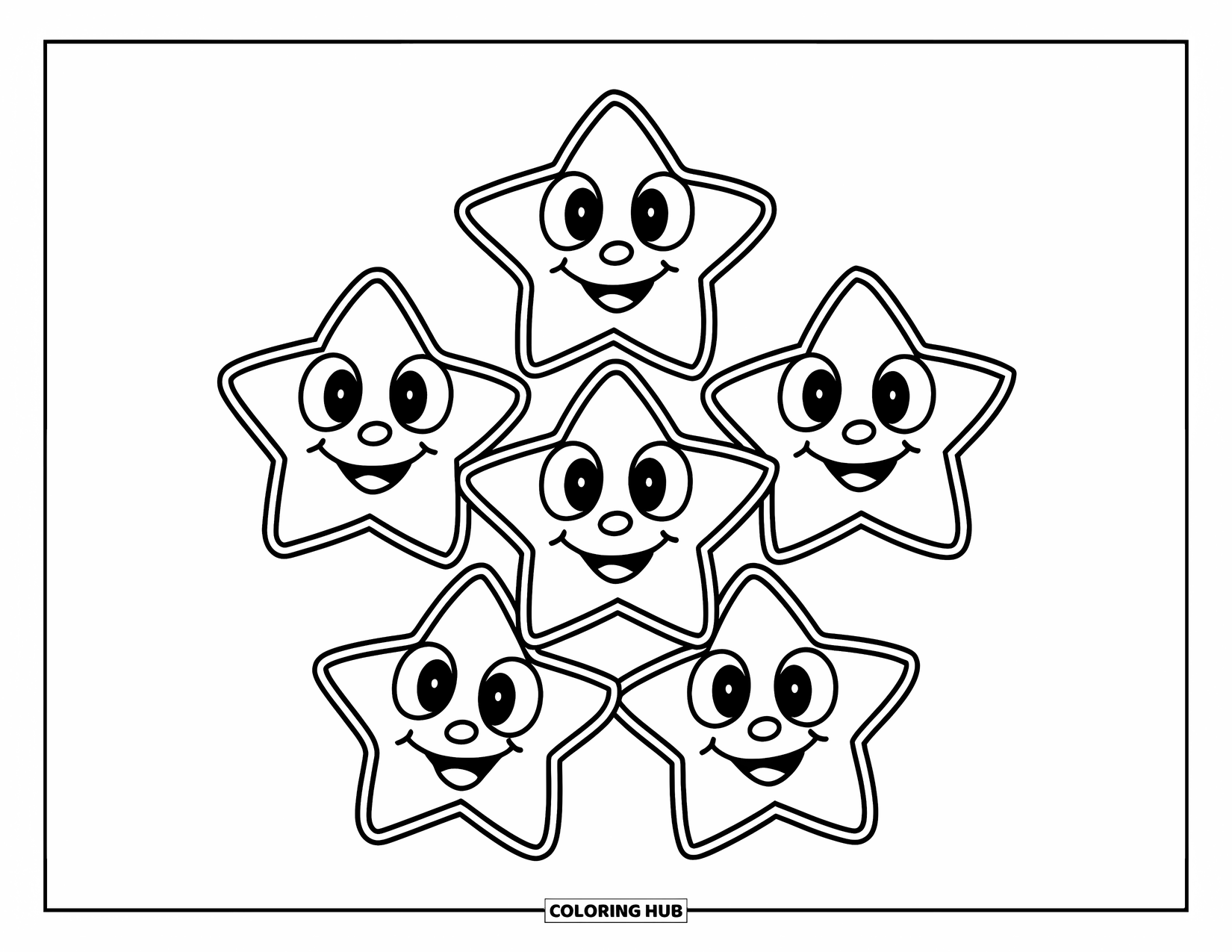 Desen de colorat cu stele pentru copii: Un grup de cinci stele fericite aranjate într-un cerc jucăuș