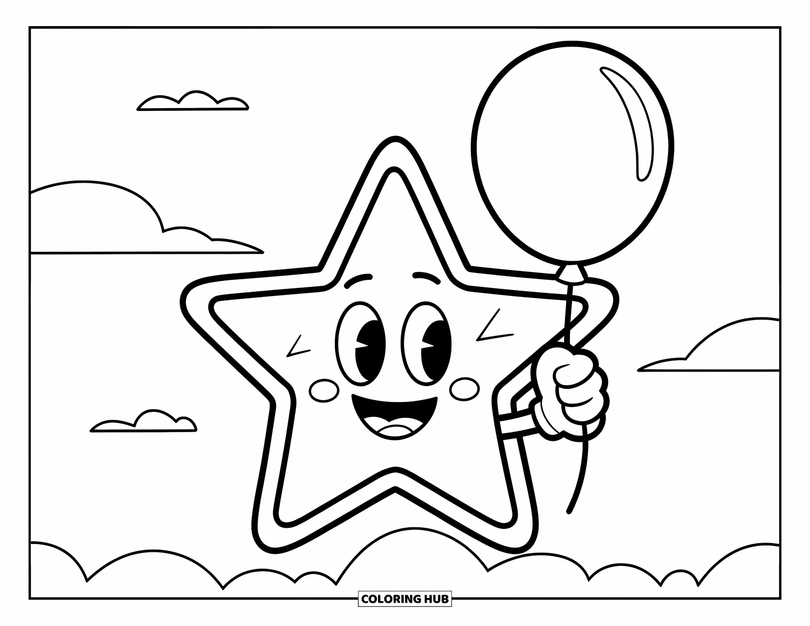 Desen de colorat cu stele pentru copii: O stea fericită plutește cu un balon printre câțiva nori