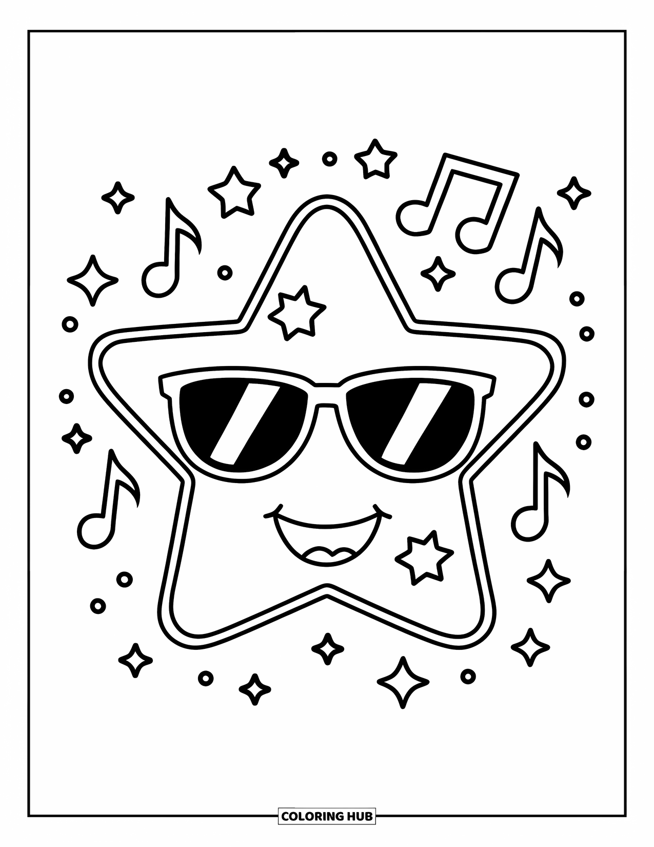 Desen de colorat cu stele pentru copii: O stea fericită cu ochelari de soare și note muzicale plutind în jurul ei
