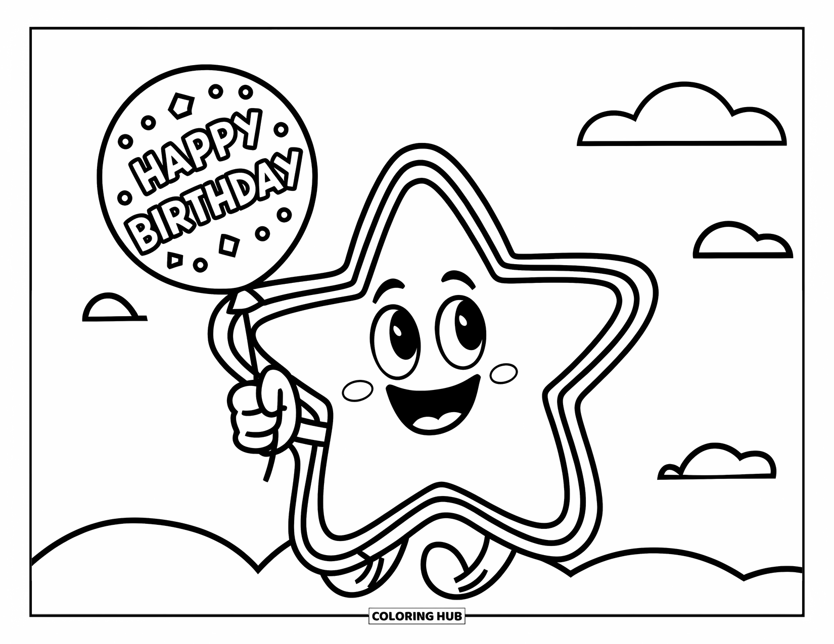 Desen de colorat cu stele pentru copii: O stea bucuroasă ține un balon cu "La mulți ani" cu câțiva nori în jur