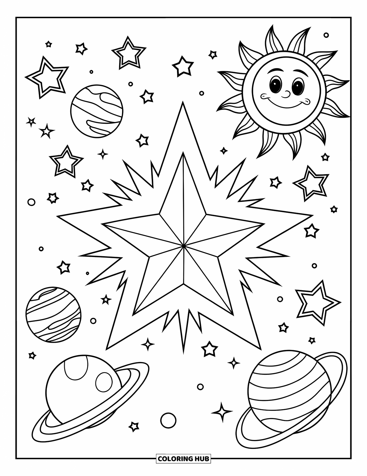 Desen de colorat cu stele pentru copii: O stea mare strălucește în centru, înconjurată de planete și un soare zâmbitor