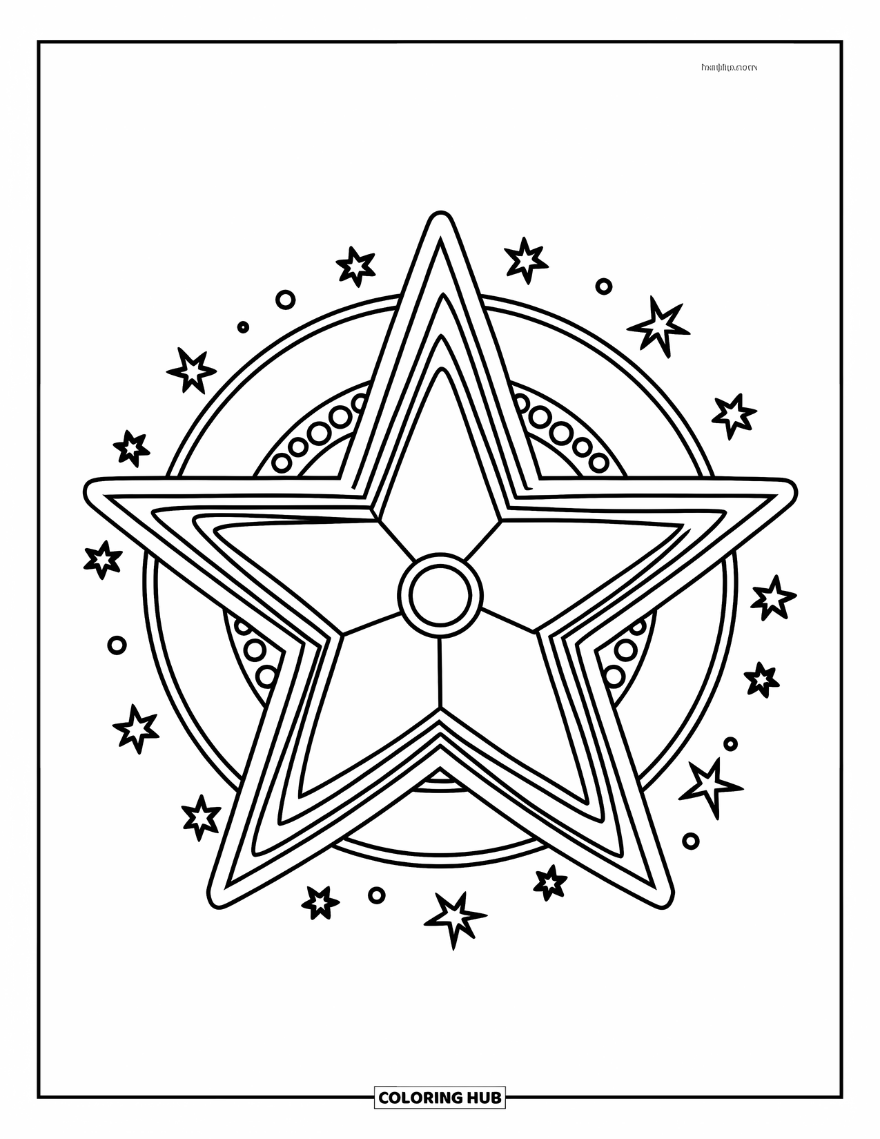 Desen de colorat cu stele pentru copii: O stea mare strălucește puternic, înconjurată de puncte mici și sclipici