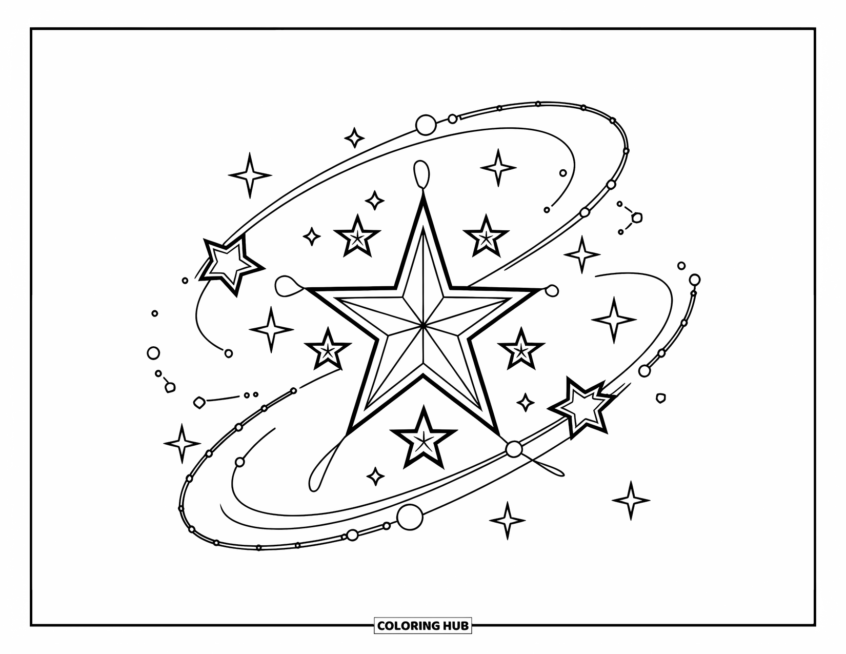 Desen de colorat cu stele pentru copii: O stea mare cu stele orbitale conectate prin curbe întrerupte jucăușe