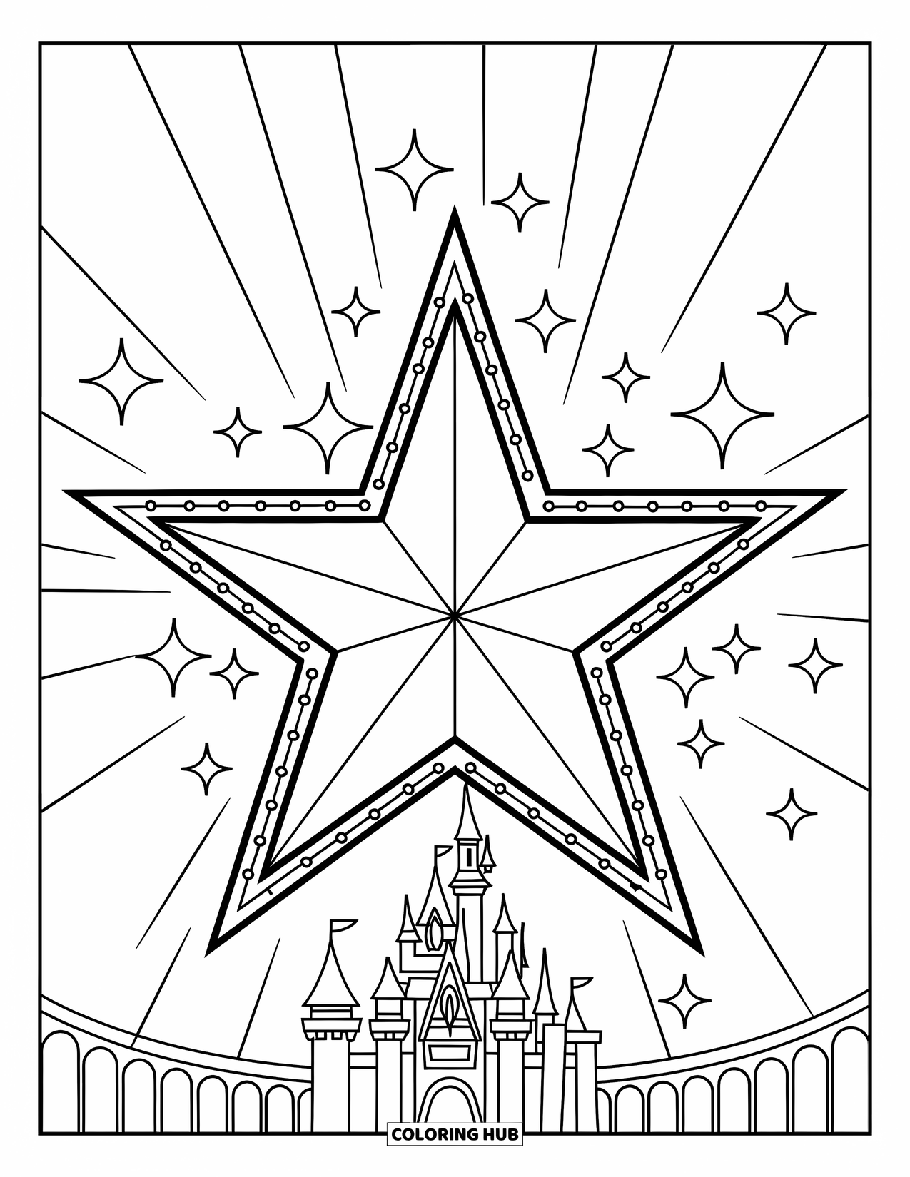 Desen de colorat cu stele pentru copii: O stea mare cu sclipici stă în fața unui fundal cu un castel