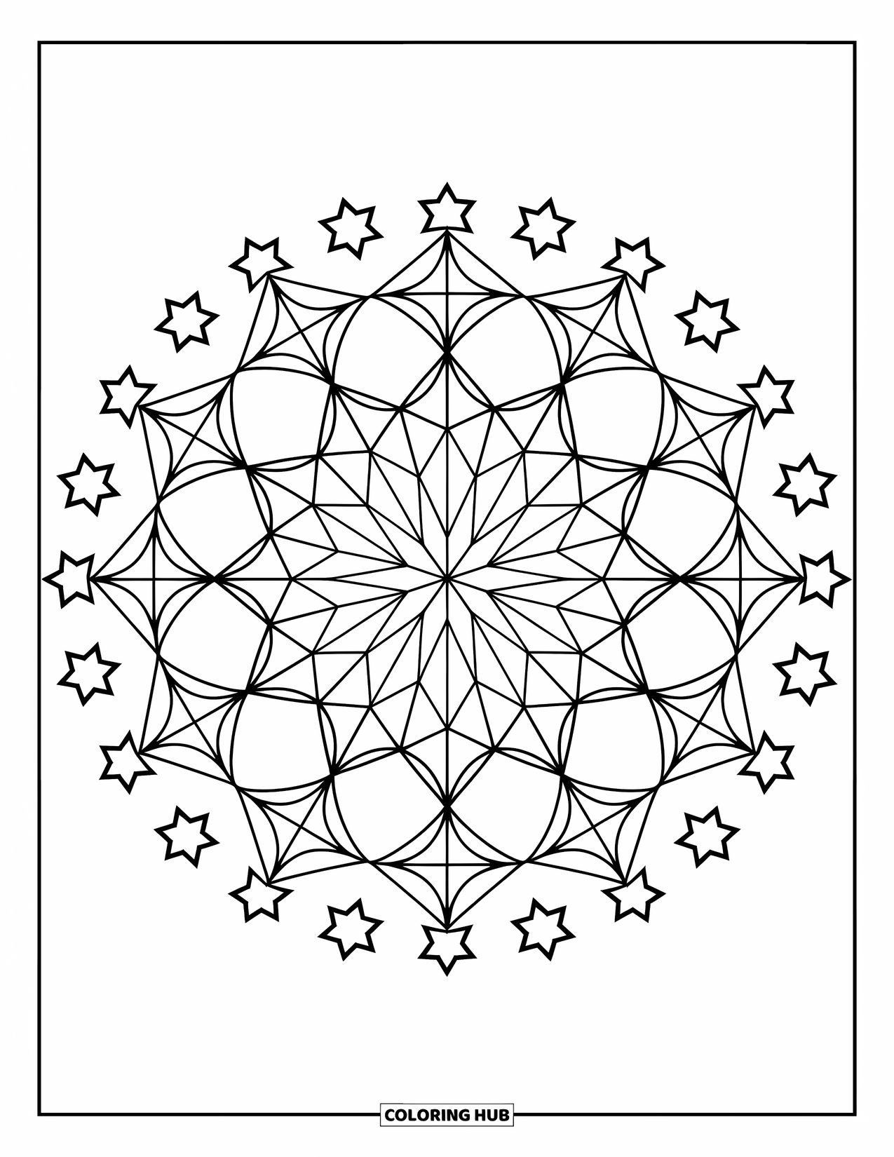 Desen de colorat cu stele pentru copii: O mandala de stele cu un cerc înconjurător de stele mai mici