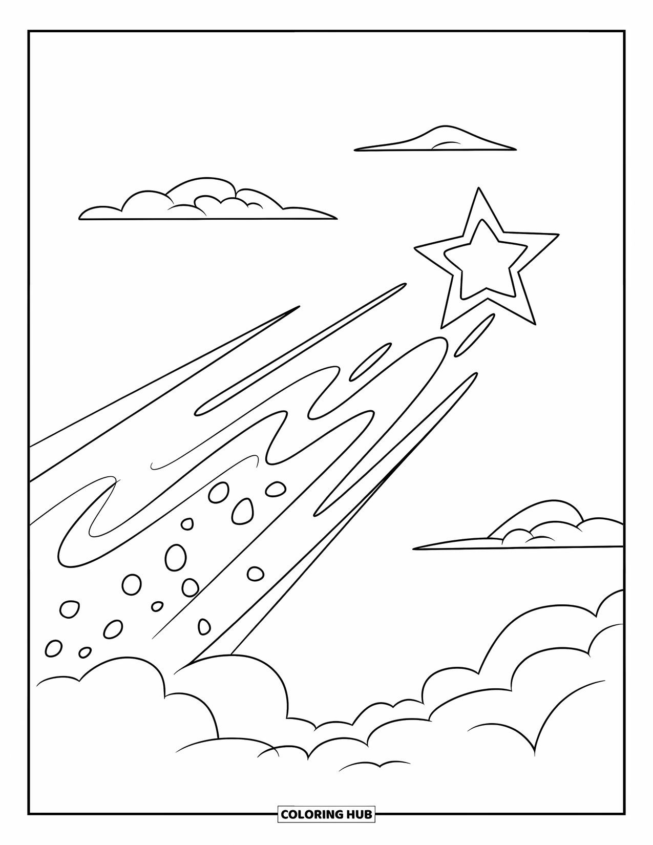 Desen de colorat cu stele pentru copii: O stea căzătoare lasă o dâră de praf sclipitor cu nori mici în jur
