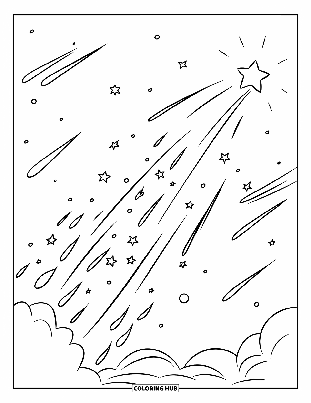 Desen de colorat cu stele pentru copii: O stea căzătoare lasă în urmă o dâră dinamică de stele mai mici