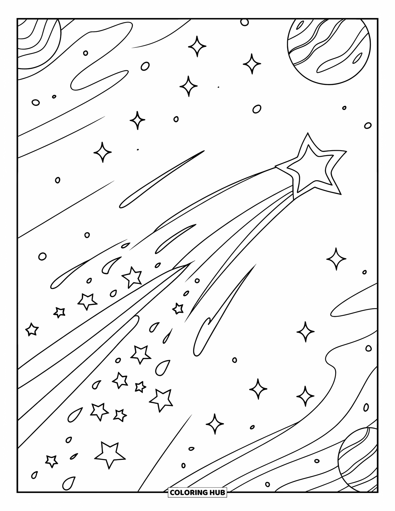 Desen de colorat cu stele pentru copii: O stea căzătoare cu o dâră lungă, strălucitoare, printre planete și galaxii