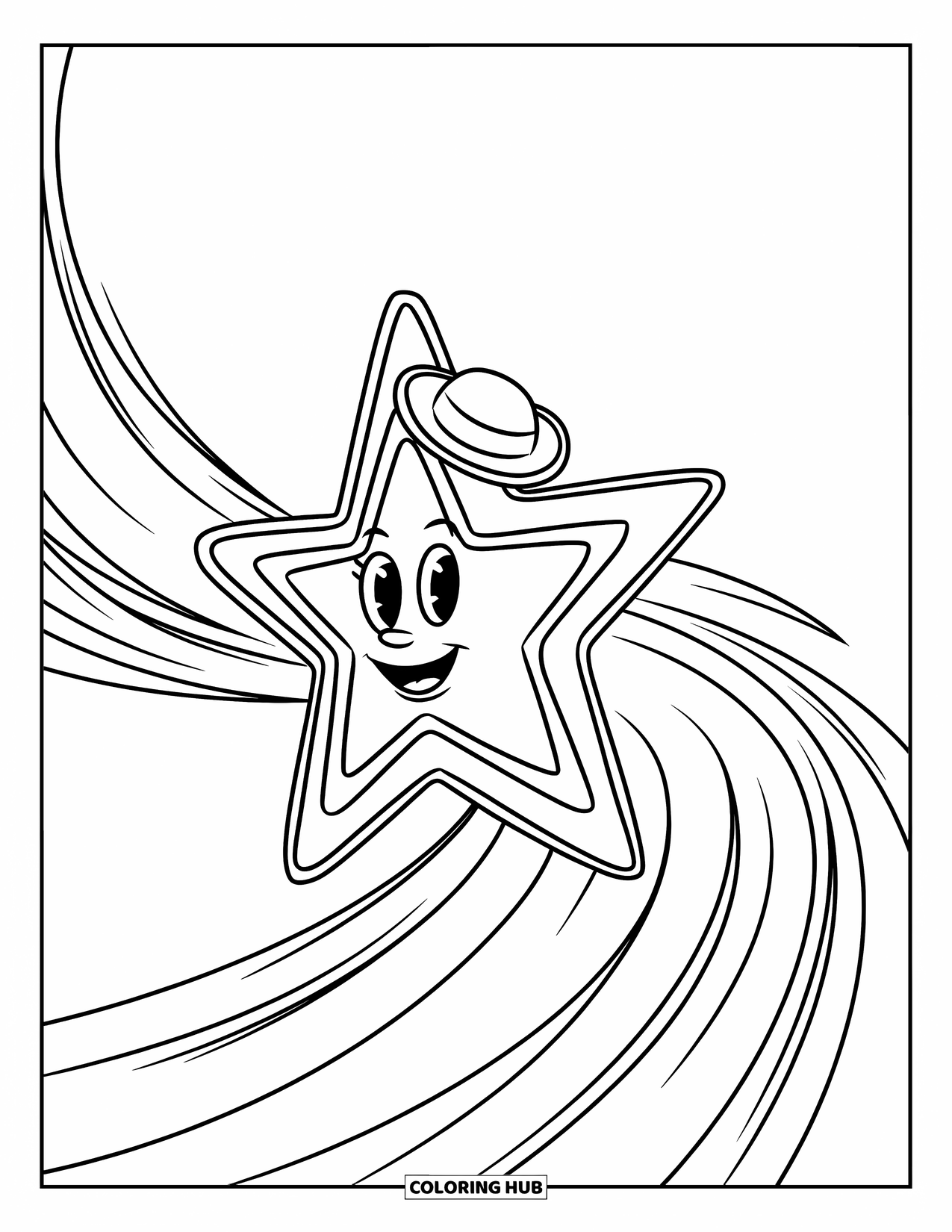 Desen de colorat cu stele pentru copii: O stea căzătoare cu o față zâmbitoare și o pălărie zboară prin cer