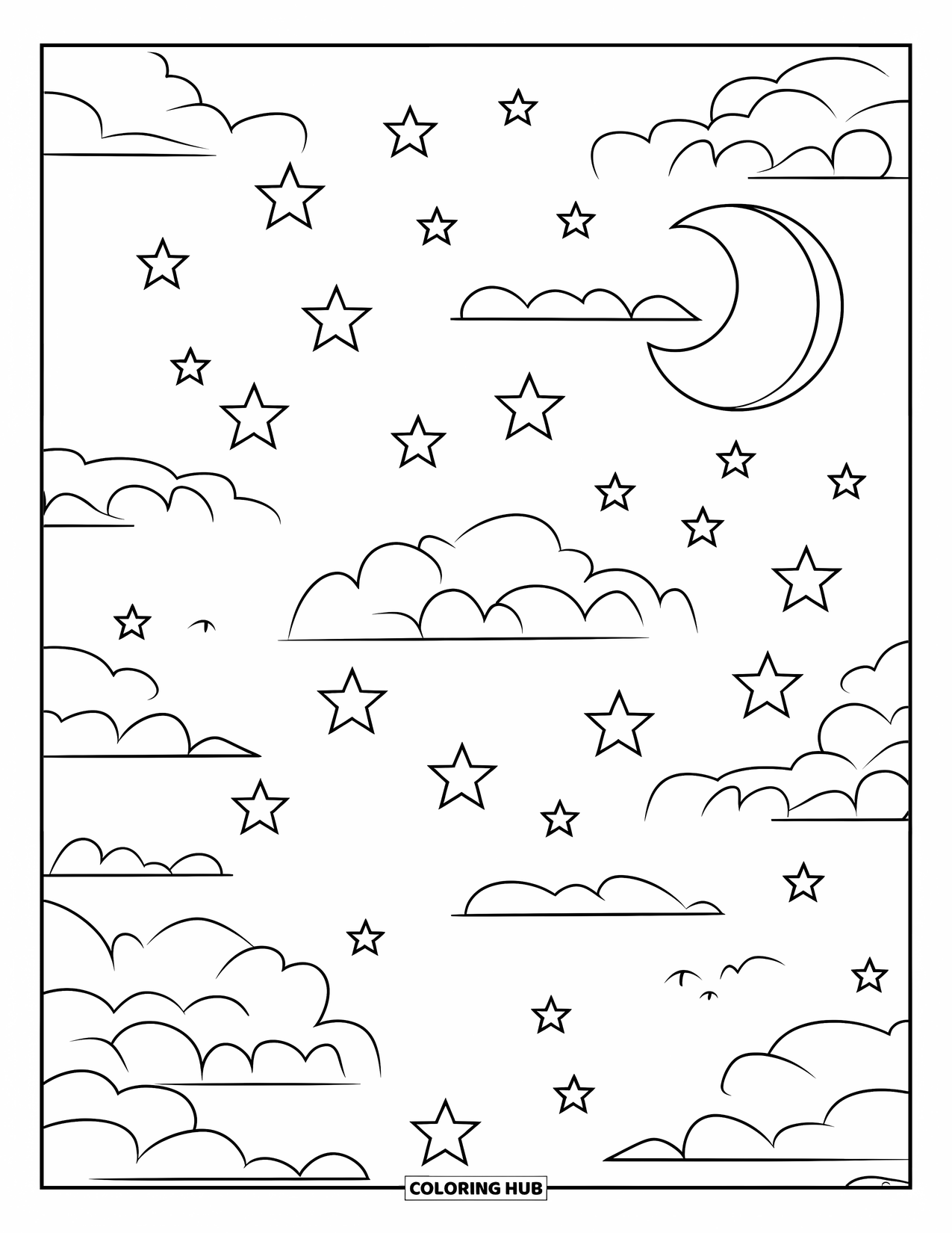 Desen de colorat cu stele pentru copii: Un cer plin de stele, o semilună și nori ușori, subțiri