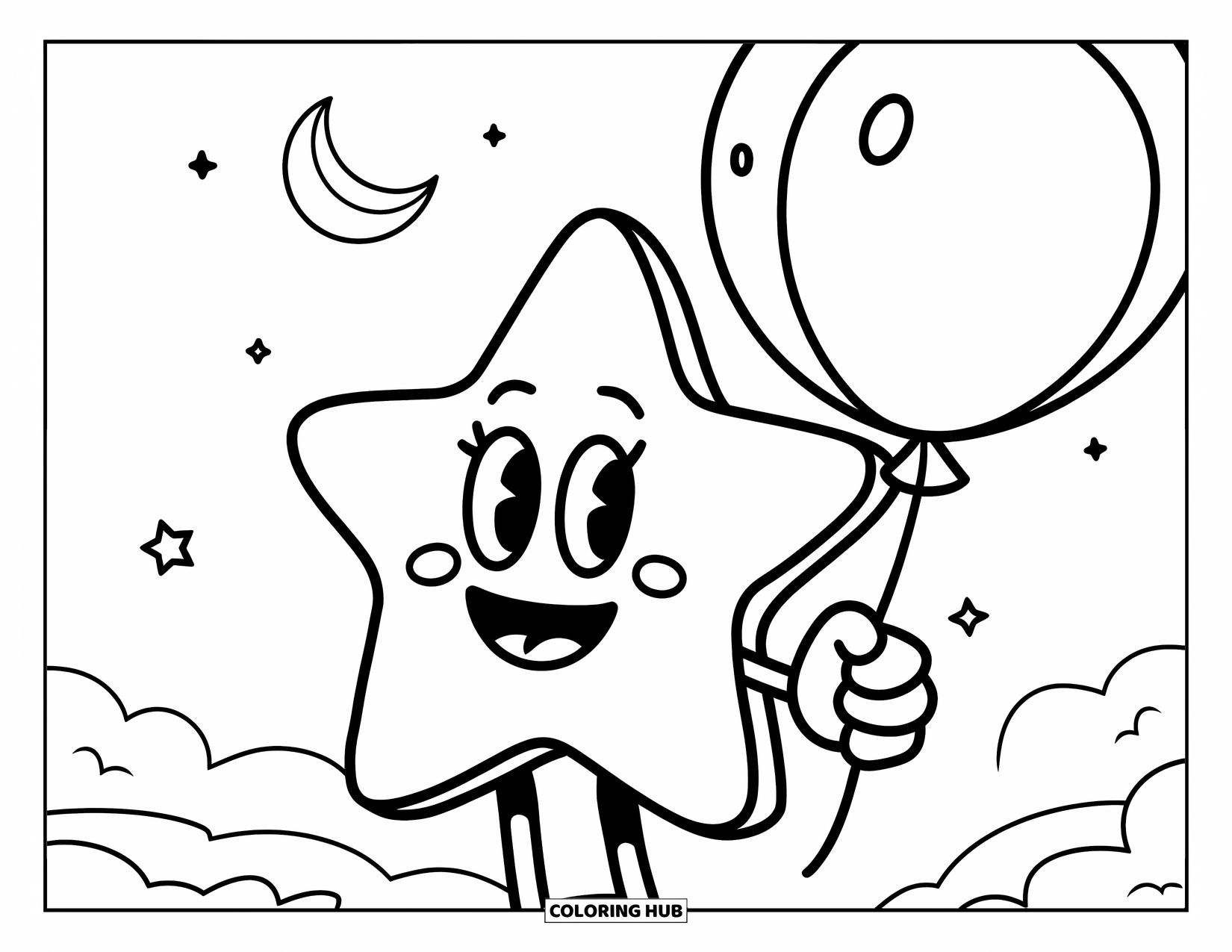 Desen de colorat cu stele pentru copii: O stea zâmbitoare ține un balon, înconjurată de stele mici și o semilună