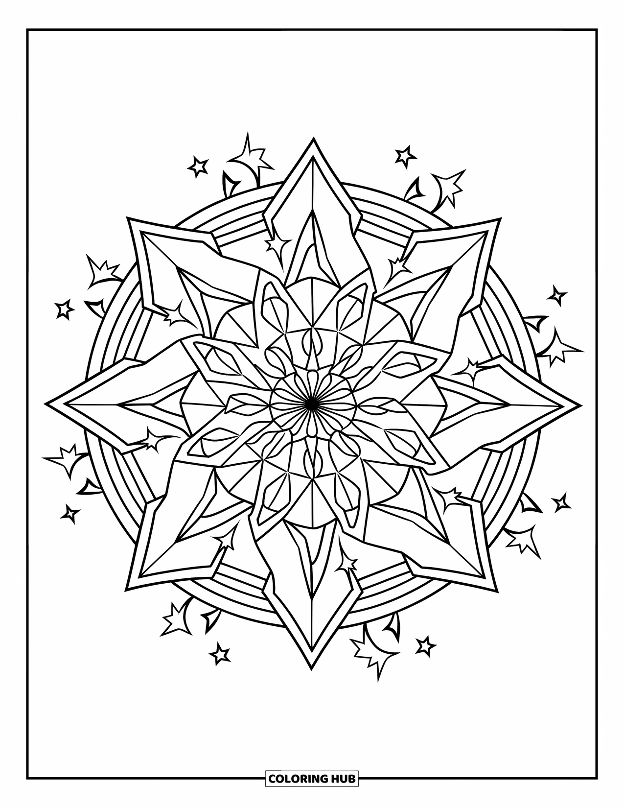 Desen de colorat cu stele pentru copii: O mandala spiralată de stele cu stele mai mici dinamice împrăștiate în jur
