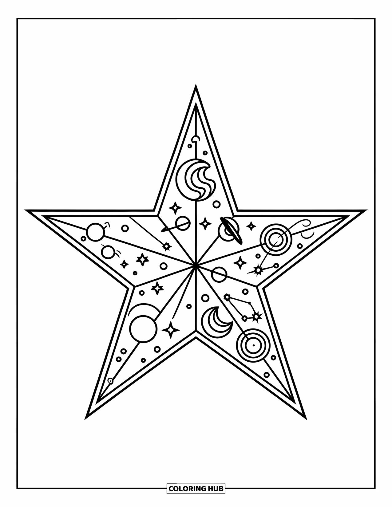 Desen de colorat cu stele pentru copii: O stea umplută cu luni mici, planete și constelații vârtejuri