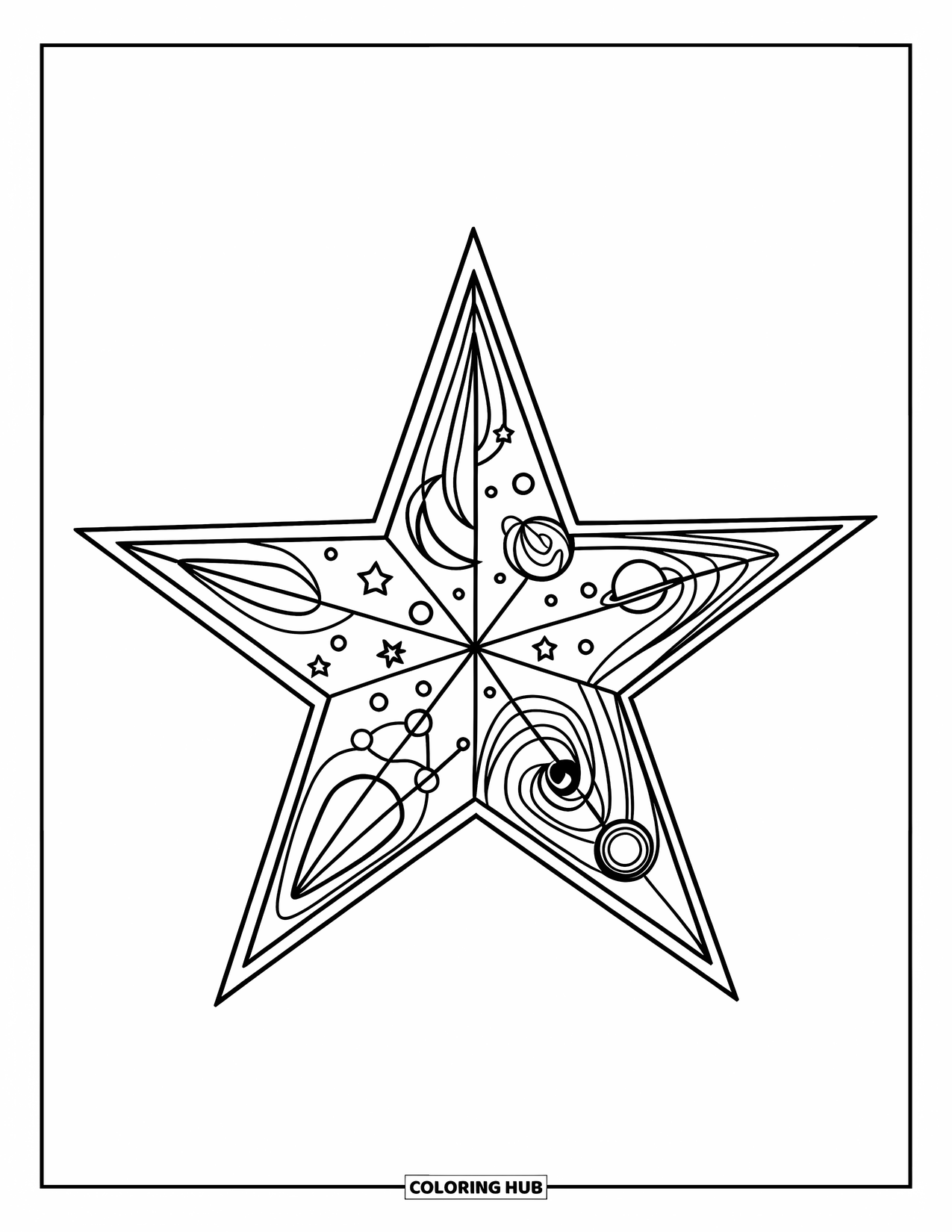Desen de colorat cu stele pentru copii: O stea cu detalii cosmice, cu galaxii vârtejuri și elemente cerești
