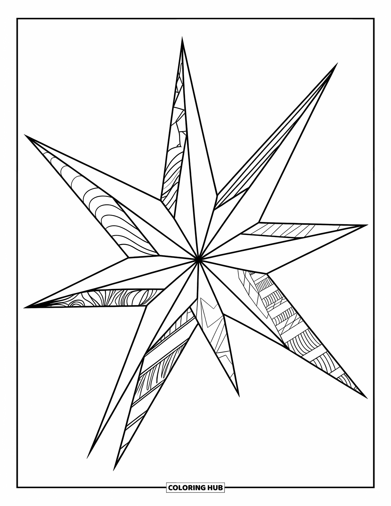 Desen de colorat cu stele pentru copii: O stea modernă cu raze izbitoare, fiecare umplută cu texturi abstracte