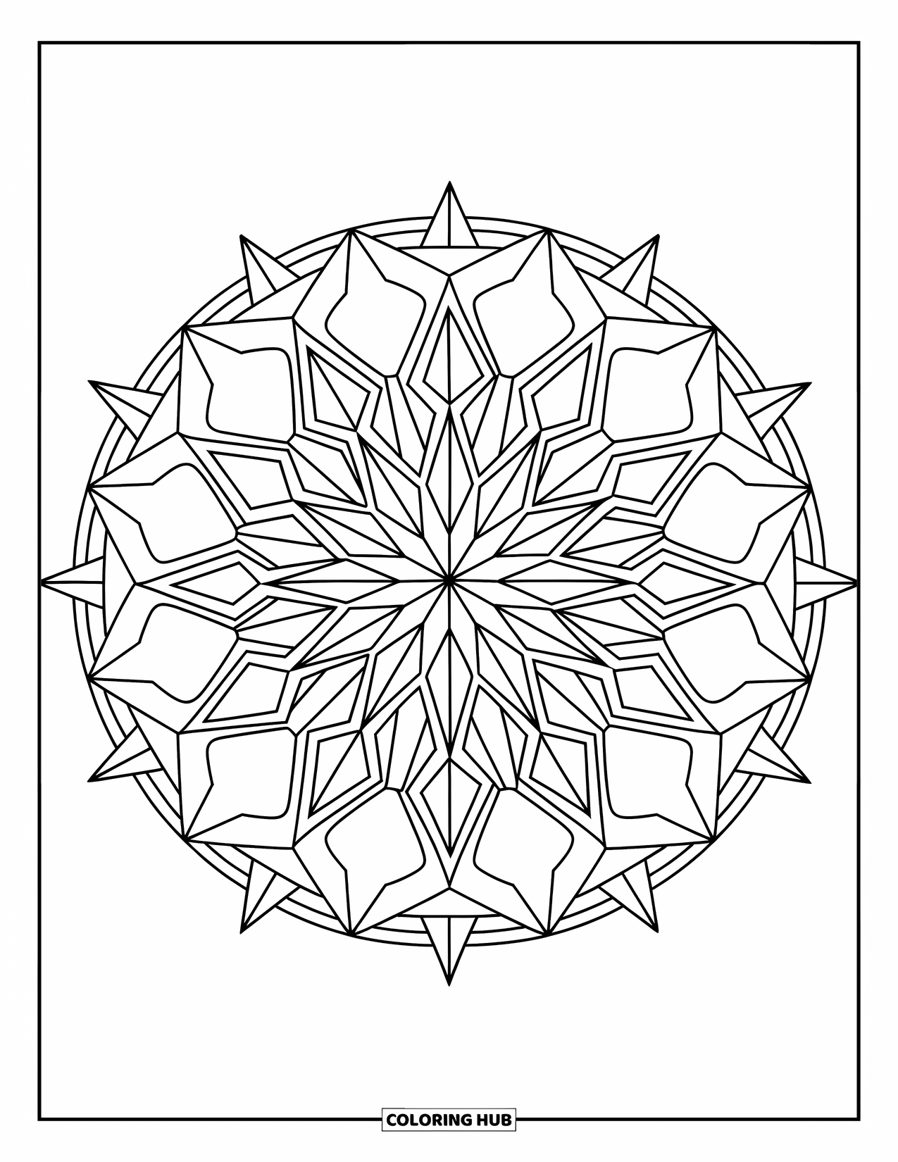 Desen de colorat cu stele pentru copii: O mandala complexă făcută din stele aranjate într-un design geometric circular