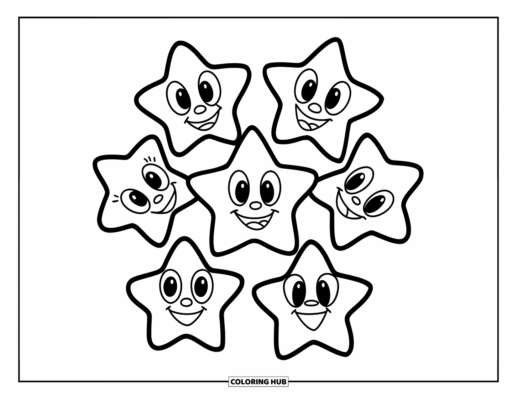 Desen de colorat cu stele pentru copii: Cinci stele zâmbitoare formează un model circular vesel