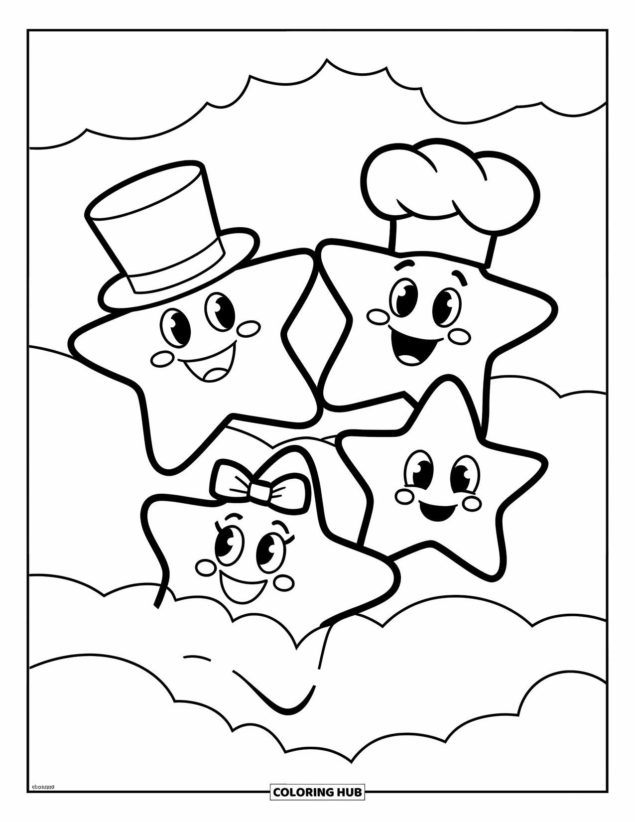 Desen de colorat cu stele pentru copii: Trei stele vesele poartă un joben, o fundă și o pălărie de bucătar în timp ce plutesc