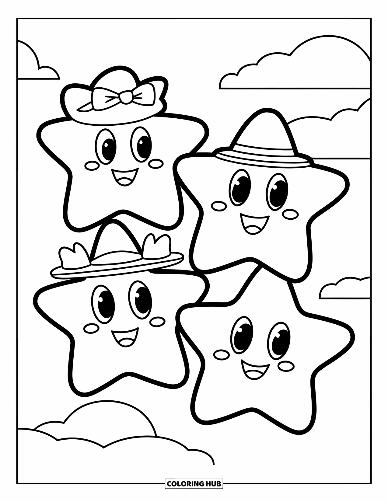 Desen de colorat cu stele pentru copii: Trei stele fericite poartă pălării diferite în timp ce plutesc pe cer