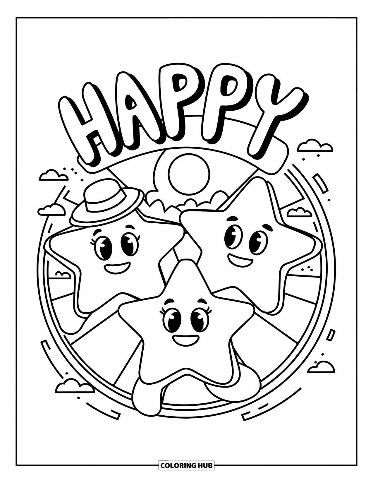 Desen de colorat cu stele pentru copii: Trei stele cu pălării și funde plutesc într-un cerc cu o bulă de text "Fericit" deasupra