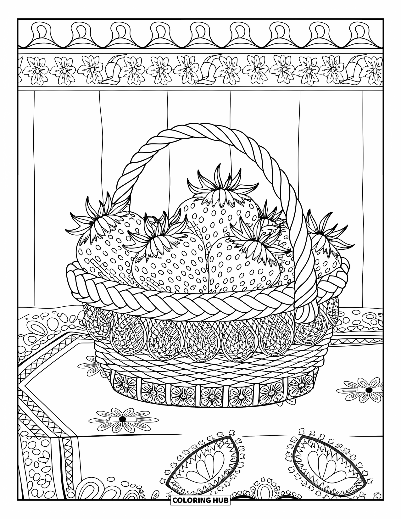 Desenho de Morango para Colorir para Adultos: Uma cesta de morangos frescos descansando sobre uma toalha de mesa lindamente estampada