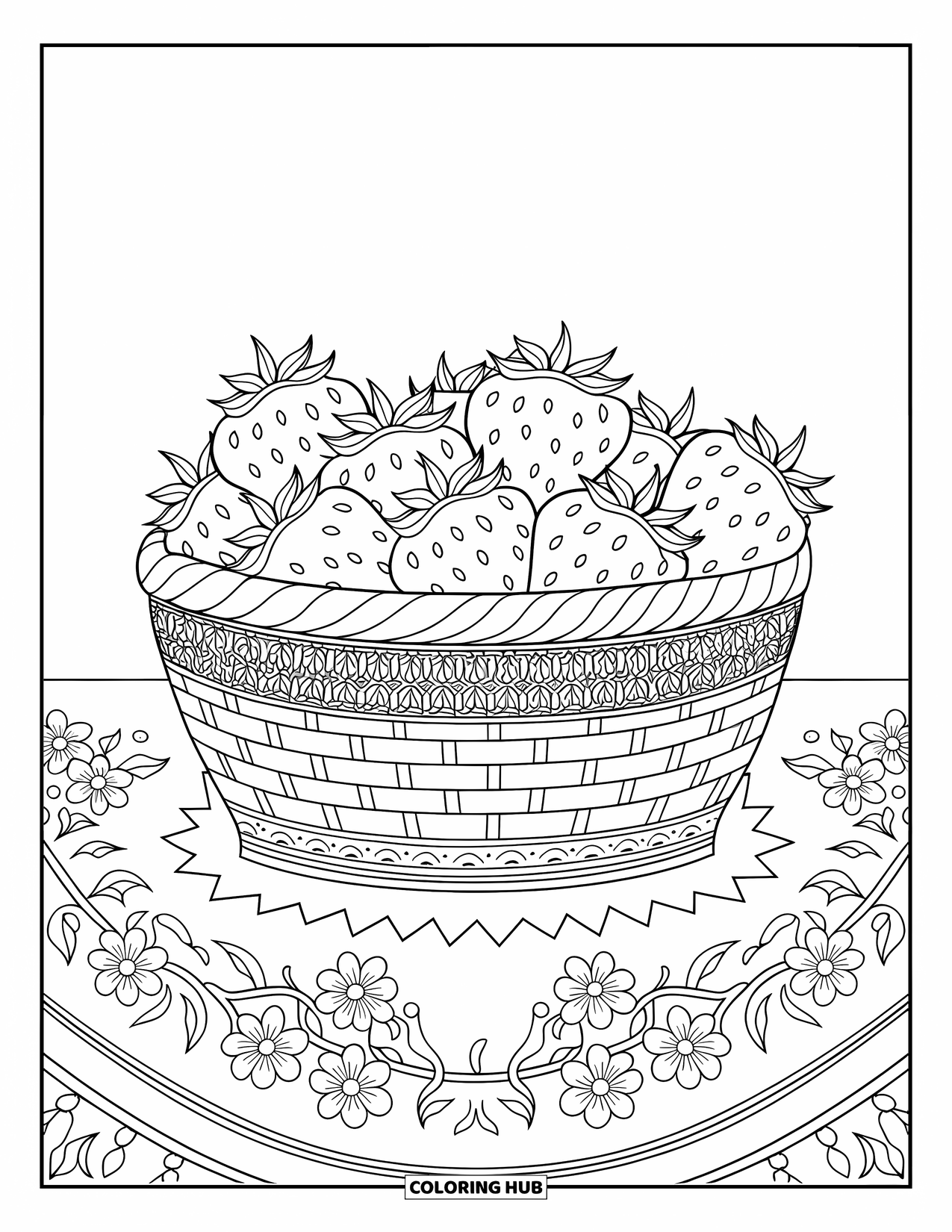 Desenho de Morango para Colorir para Adultos: Uma cesta de morangos maduros com detalhes intrincados e um pano estampado embaixo