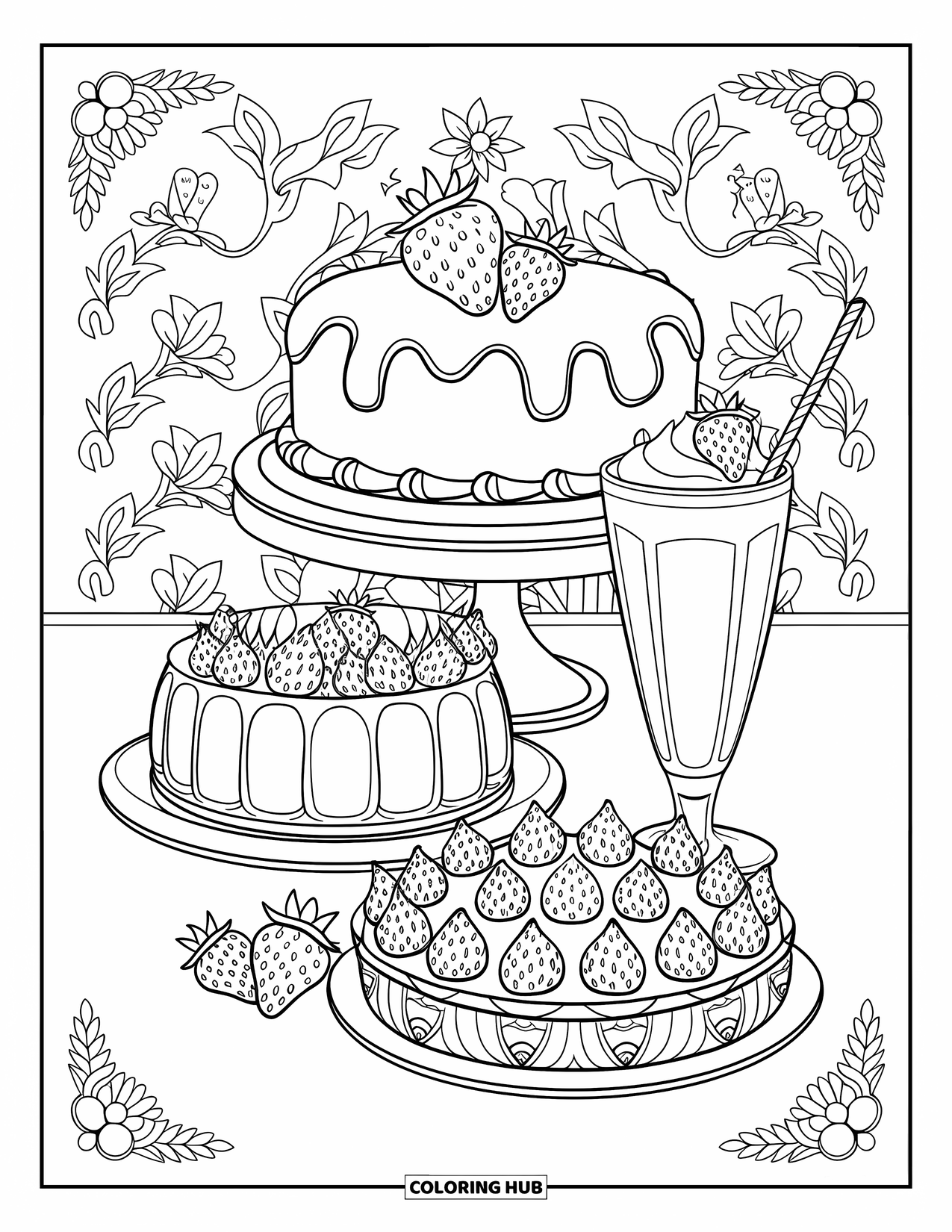 Desenho de Morango para Colorir para Adultos: Uma mesa de sobremesas de morango lindamente organizada com designs ornamentados e padrões elegantes