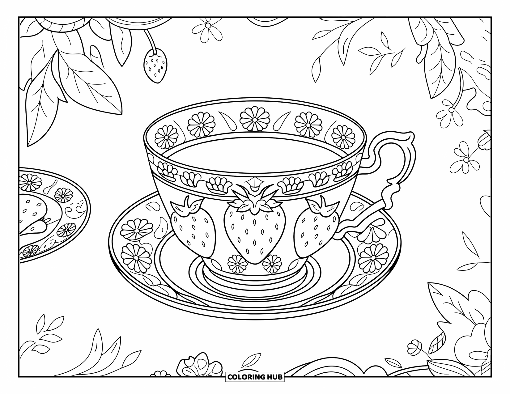 Desenho de Morango para Colorir para Adultos: Uma xícara de chá lindamente decorada com um motivo de morango e um design de pires intrincado