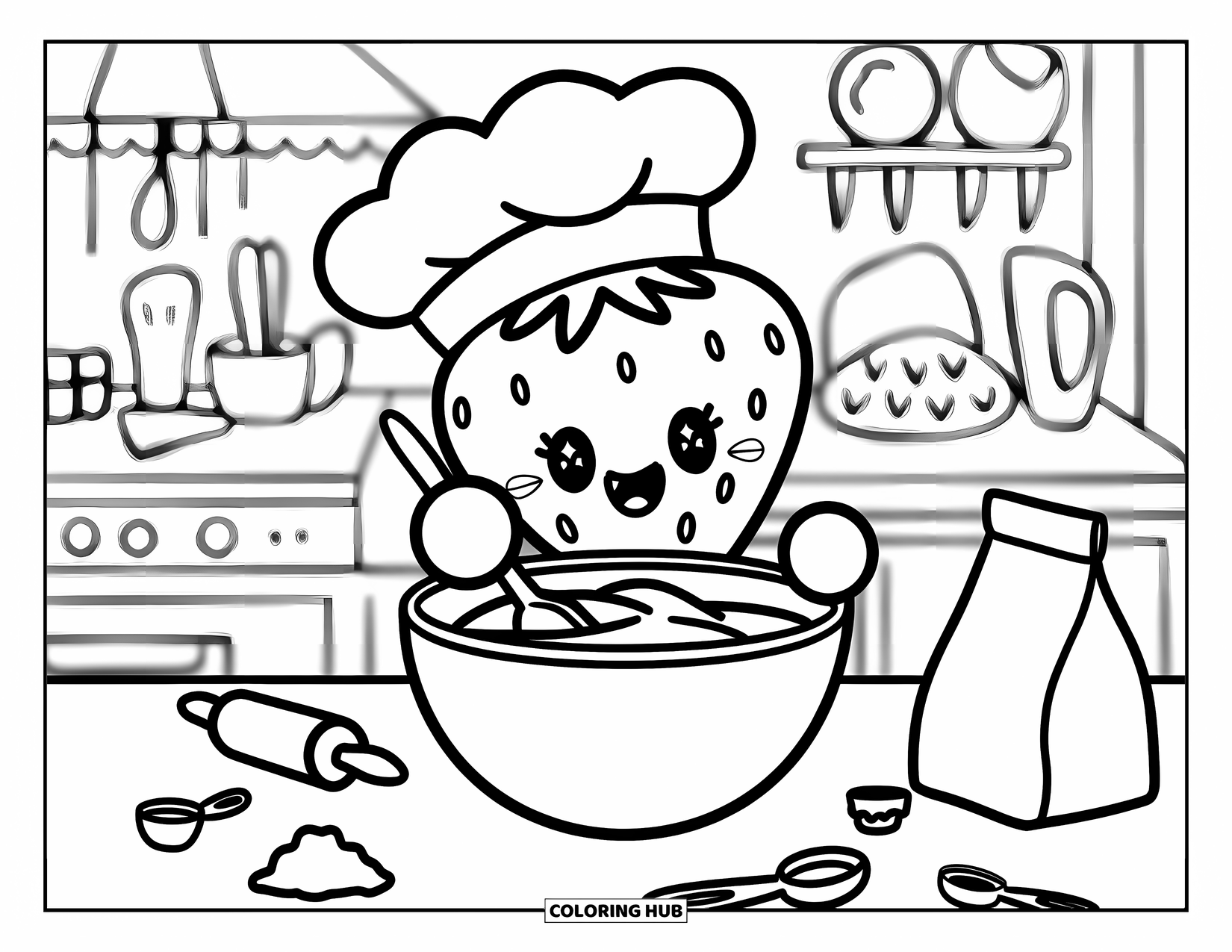 Desenho de Morango para Colorir para Adultos: Um chef morango alegre mistura a massa, cercado por utensílios de panificação em uma mesa fofa