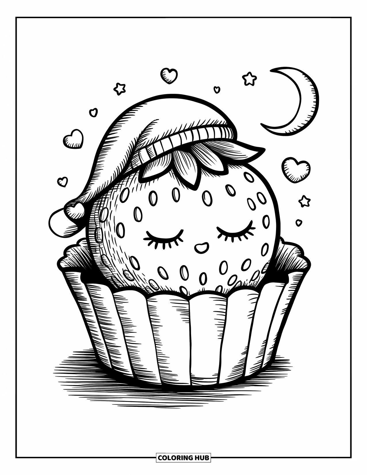 Desenho de Morango para Colorir para Adultos: Um morango fofo tira uma soneca dentro de um forro de cupcake, cercado por pequenas estrelas e corações flutuantes
