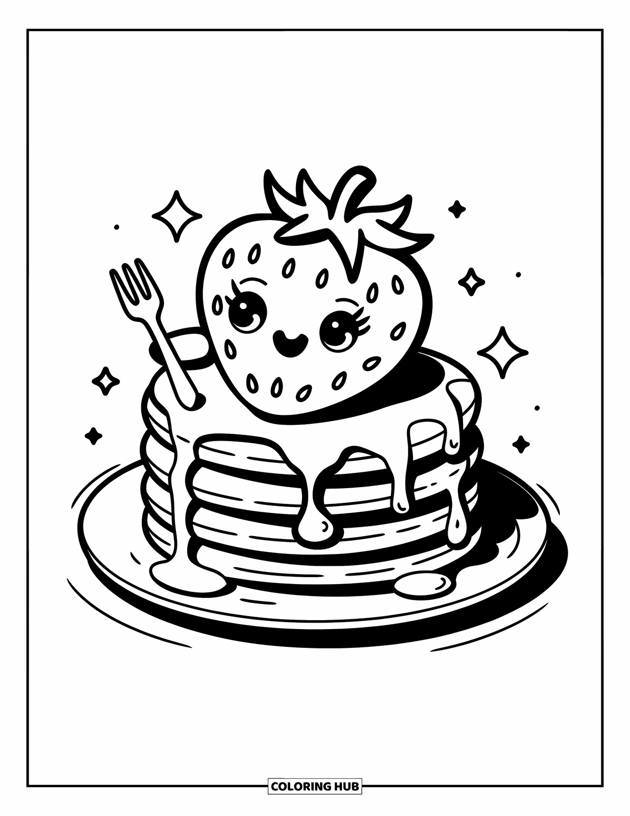 Desenho de Morango para Colorir para Adultos: Um morango fofo com um garfo está sentado em panquecas, com calda escorrendo e estrelas flutuando ao redor