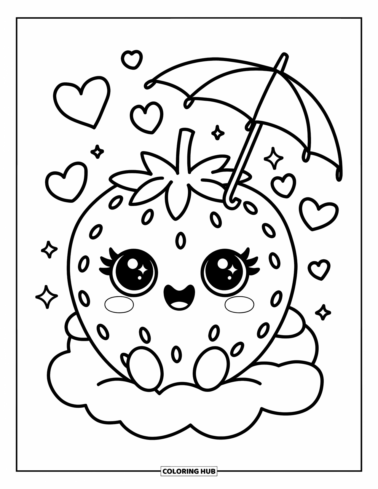 Desenho de Morango para Colorir para Adultos: Um morango fofo com olhos grandes está sentado em uma nuvem, segurando um guarda-chuva com corações flutuantes